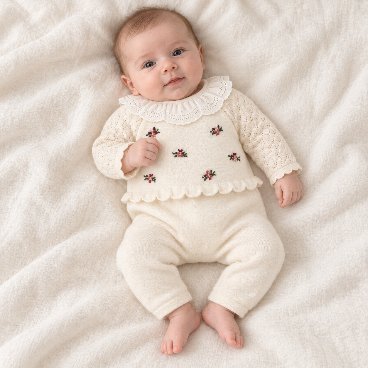 Babygrow sem Pés de Malha com Flores Bege Dr. Kid | Grandma’s Treat Bebé com fato de malha creme com bordados florais, deitado em cobertor creme.