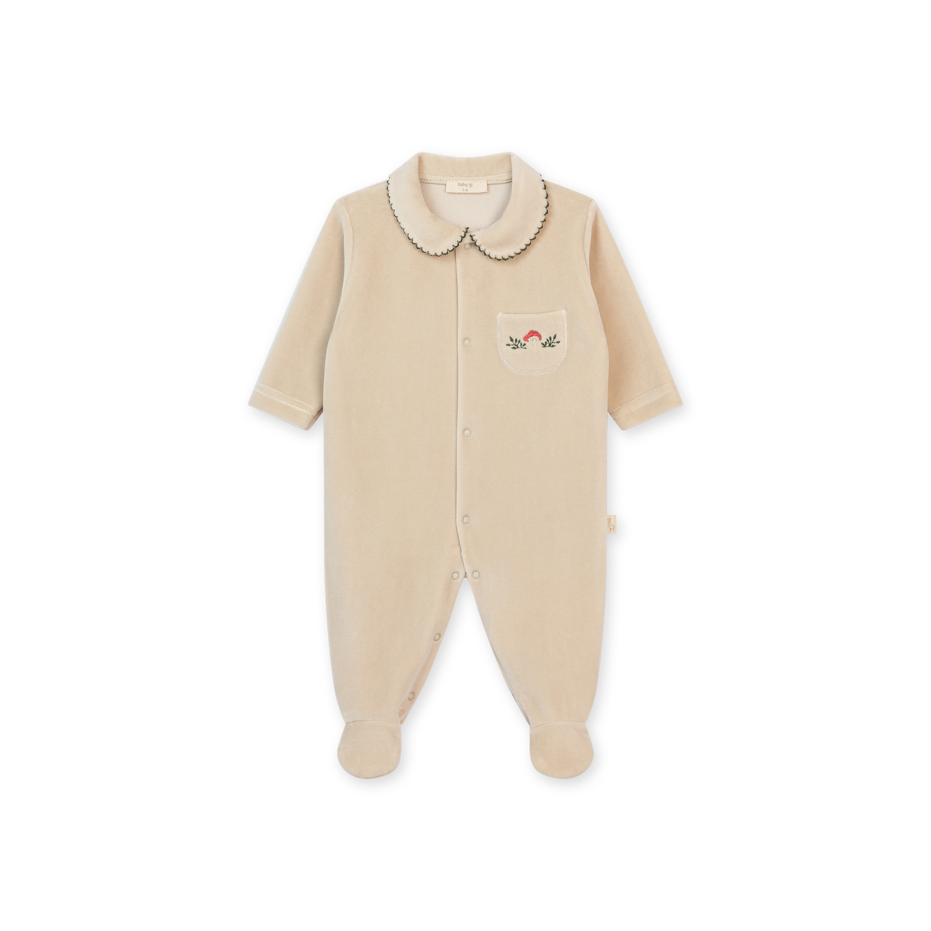 Babygrow Laminado taupe da Baby Gi - Coleção Toadstool Macacão de bebé bege em veludo com colarinho bordado e bolso frontal bordado