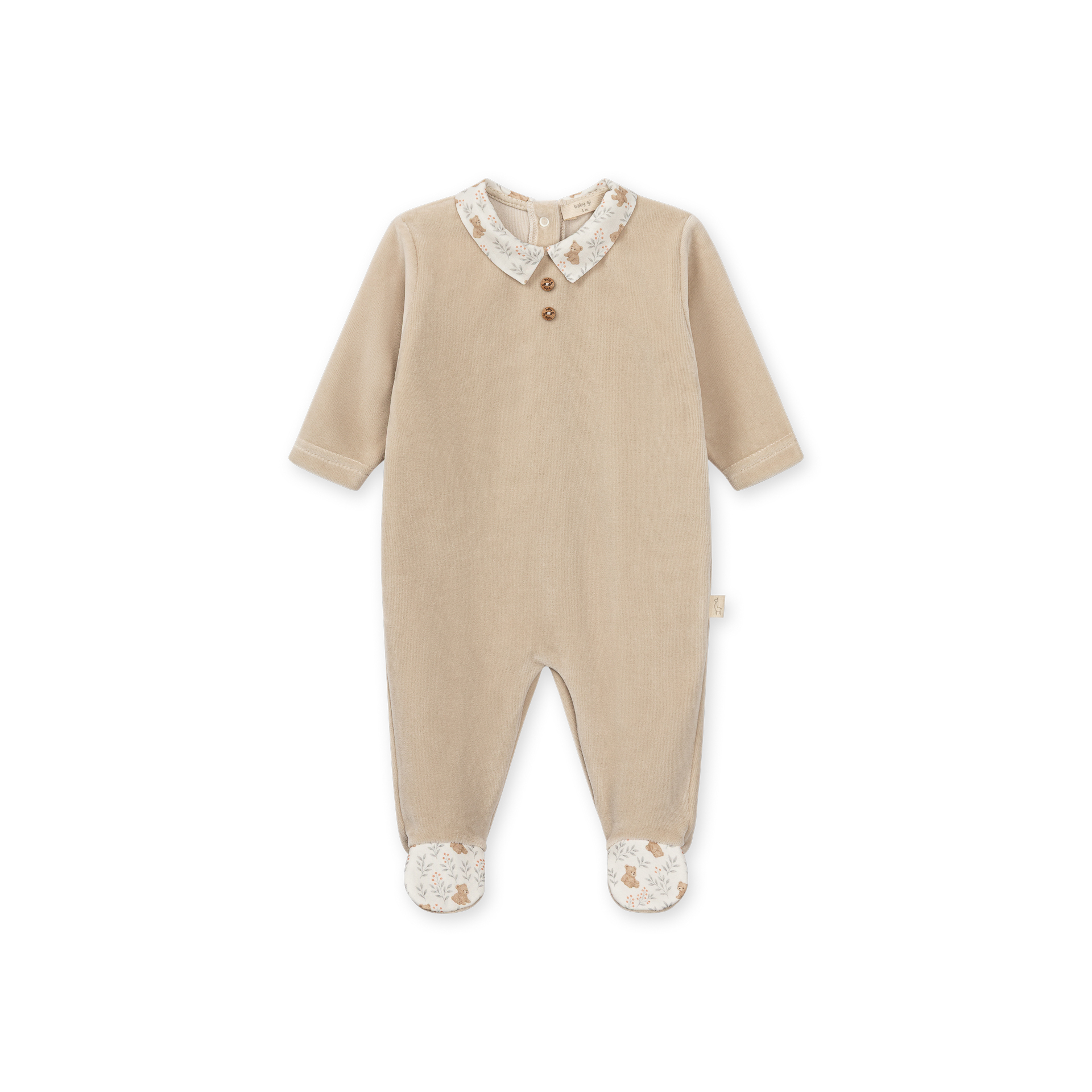 Babygrow Laminado de botões decorativos taupe da Baby Gi - Coleção Theo Macacão de bebé bege com gola e pezinhos estampados