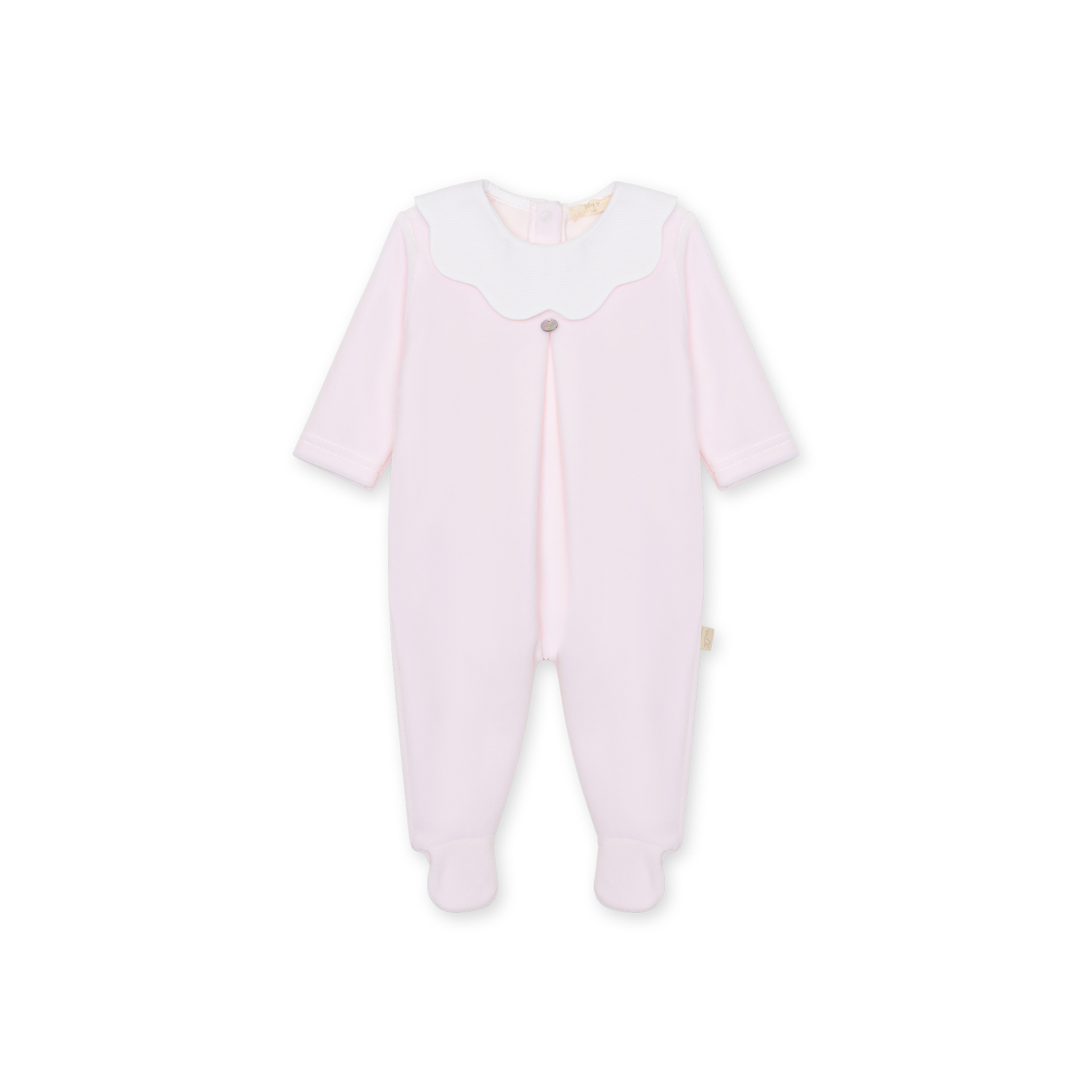 Babygrow Laminado rosa bebé com macho e gola piquê branco da Baby Gi - Coleção Baby Gi Collection Pijama rosa claro de bebé com gola branca e manga comprida