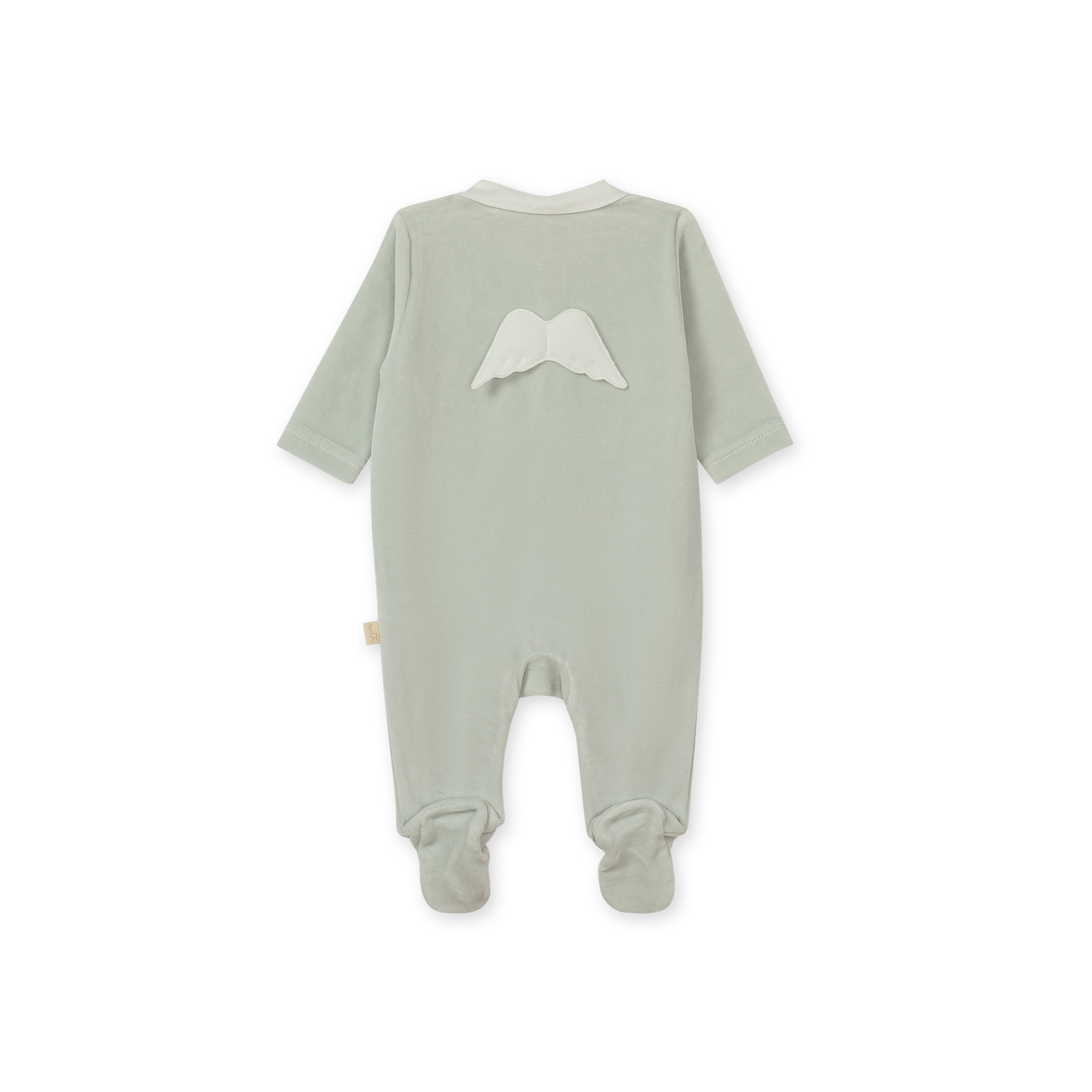 Babygrow Laminado com asas verde menta da Baby Gi – Coleção Angel Macacão verde claro para bebé com asas brancas nas costas