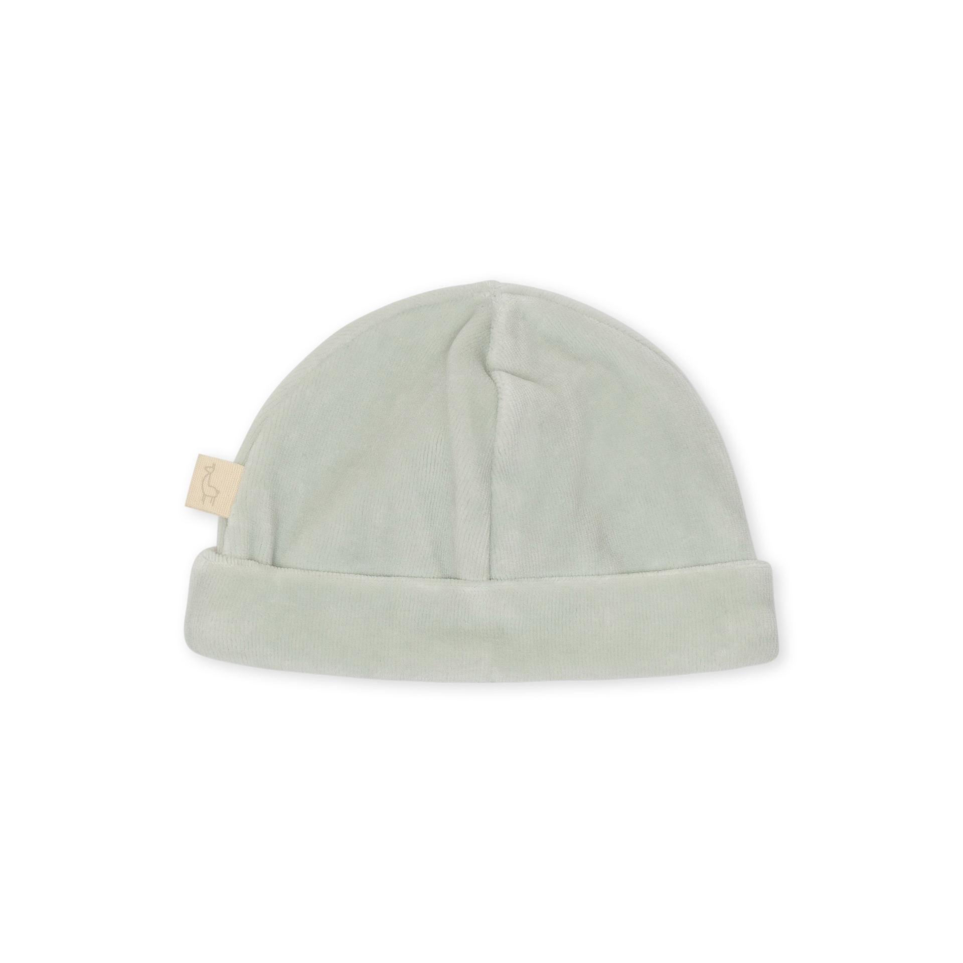 Gorro Laminado verde menta da Baby Gi Gorro de bebé verde-claro com etiqueta bege mostrando desenho de pássaro