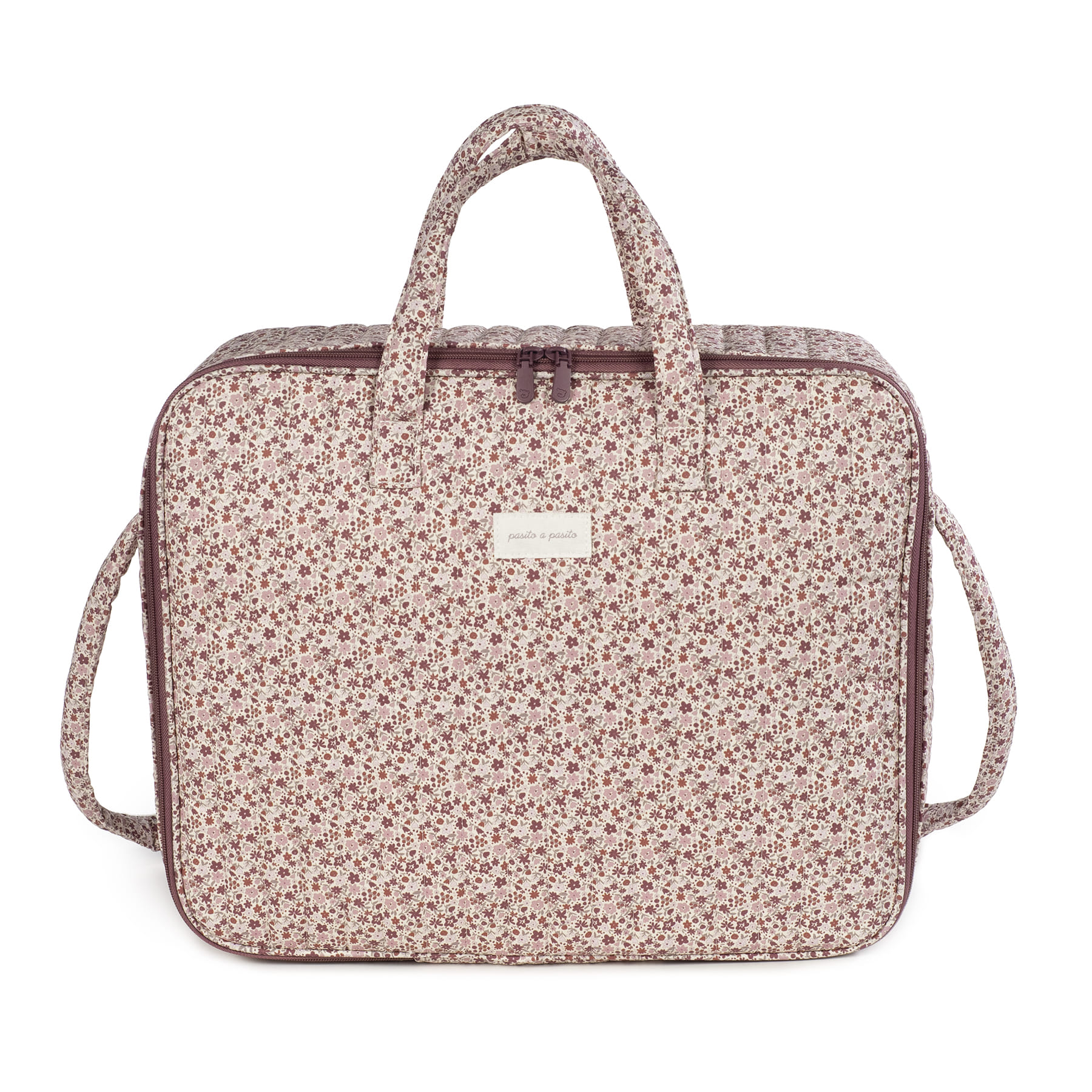 Maleta de Maternidade Cherry Flowers - Rosa Cereja Pasito a Pasito Mala estampada floral rosa e castanha com fecho de correr e alças acolchoadas