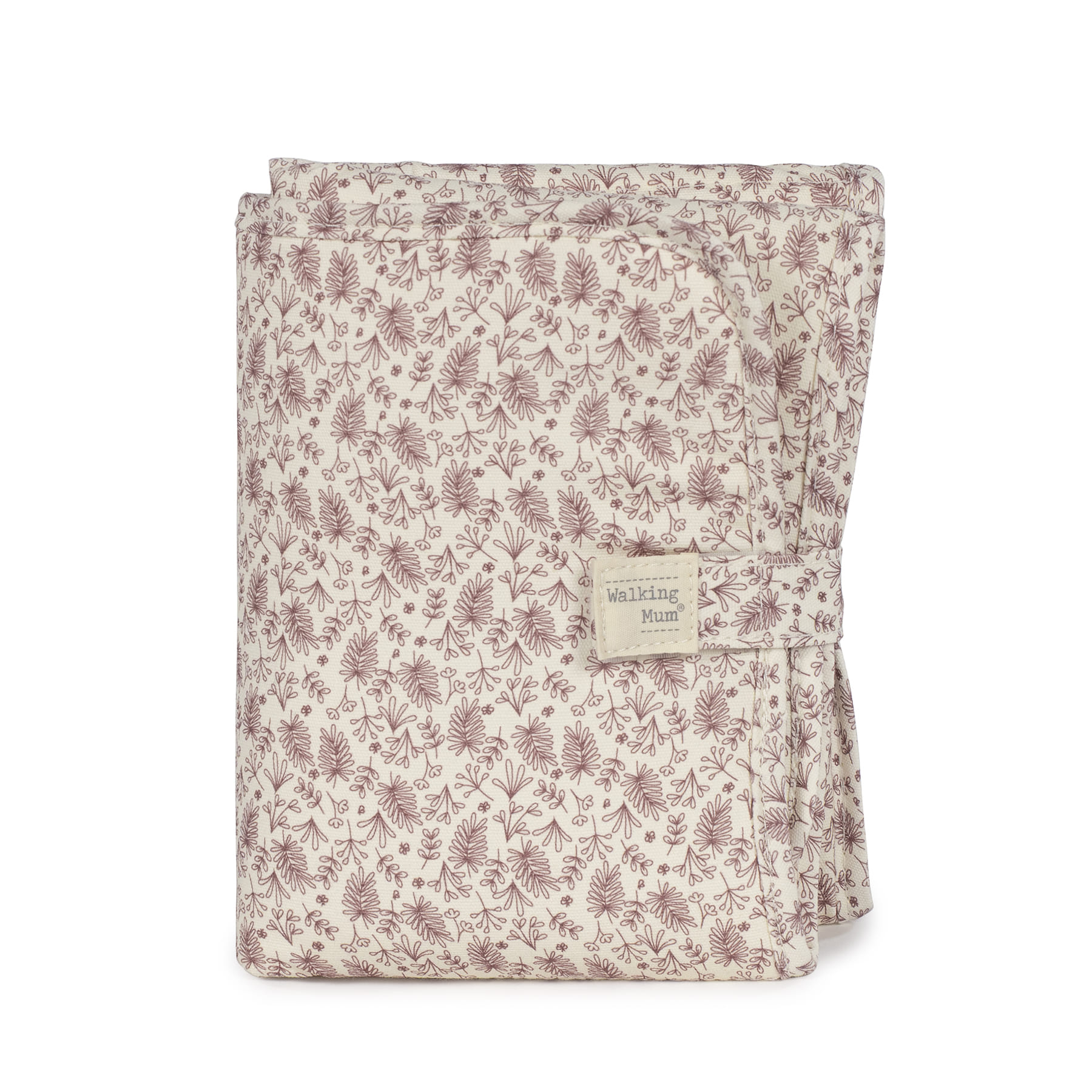 Muda fraldas Gala Cerise da Walking Mum Manta bege com padrão floral castanho e etiqueta Walking Mum®