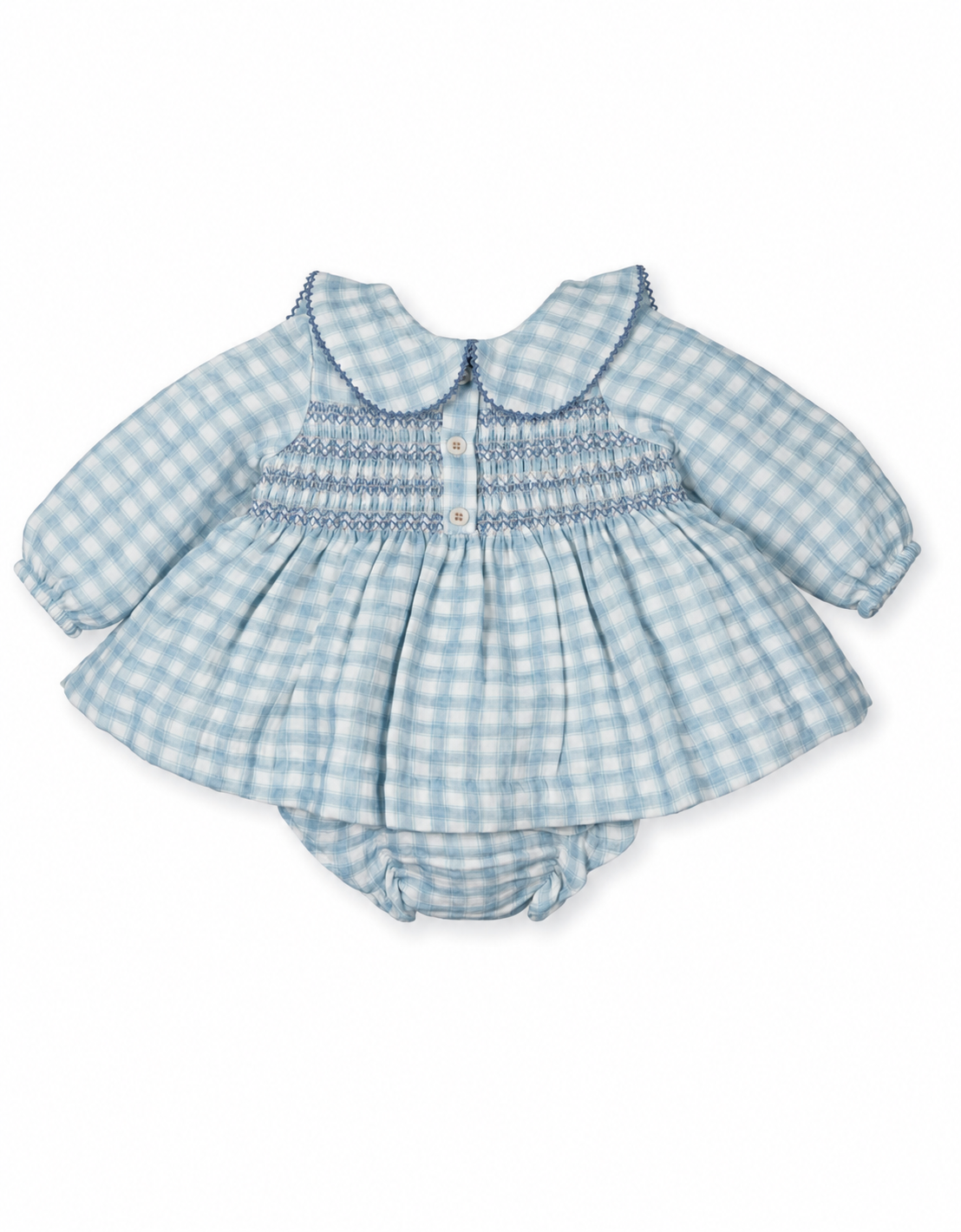 Vestido de algodão favo na cor Zafiro da Mac Ilusión - Coleção Zafiro Winter vestido bebé azul claro e branco com gola e bordado azul