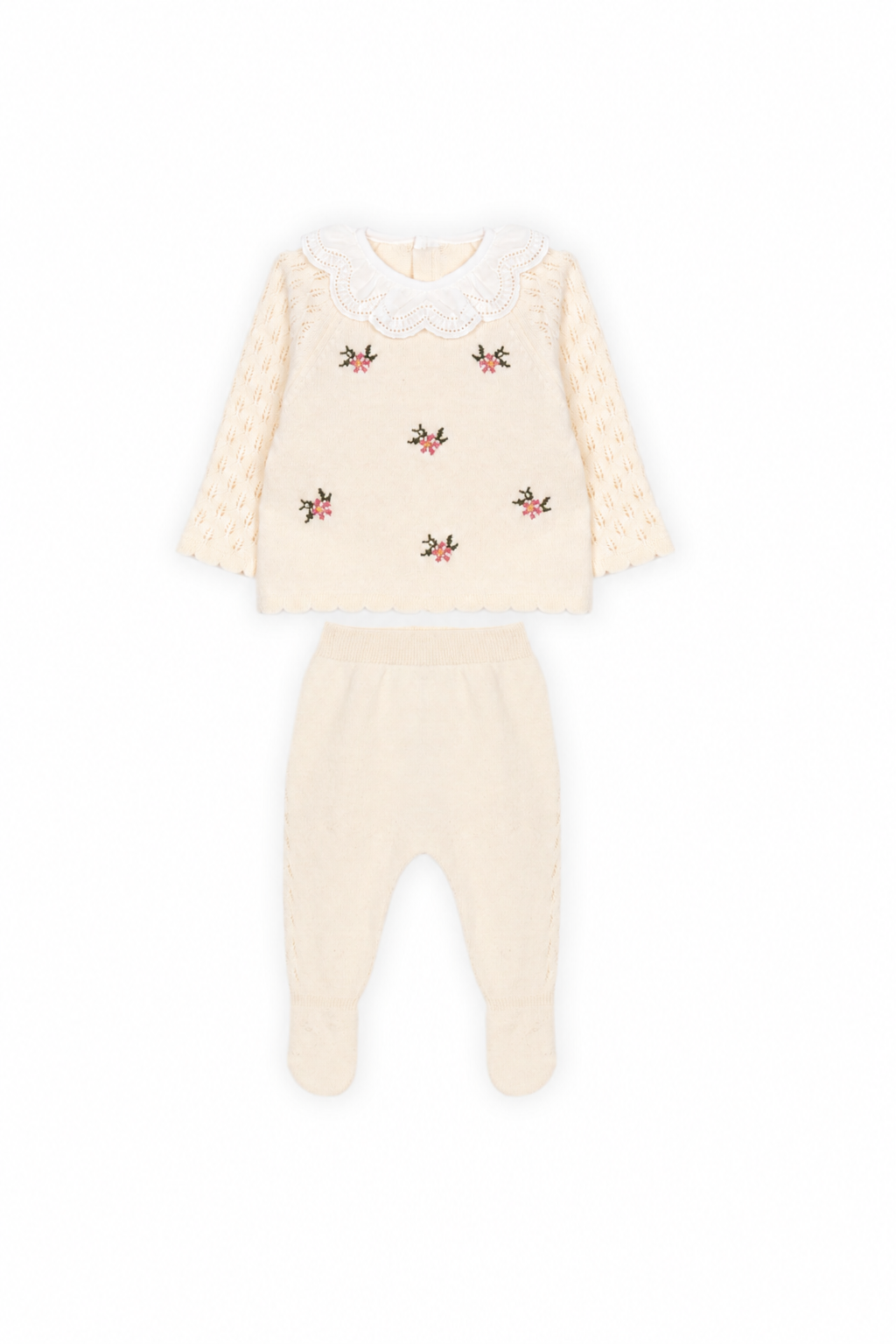 Conjunto de Malha com Flores Cru Dr. Kid | Grandma's Treat Conjunto de roupa para bebé em malha cor creme com bordo floral e gola branca bordada
