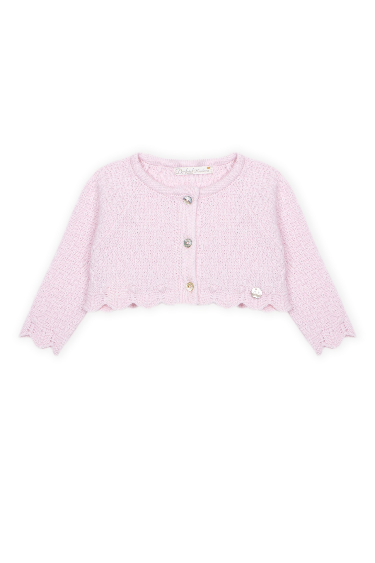 Bolero de Malha com Caxemira Rosa-Bebé Dr. Kid | Classic Girl Casaco de malha cor-de-rosa claro para bebé com botões prateados