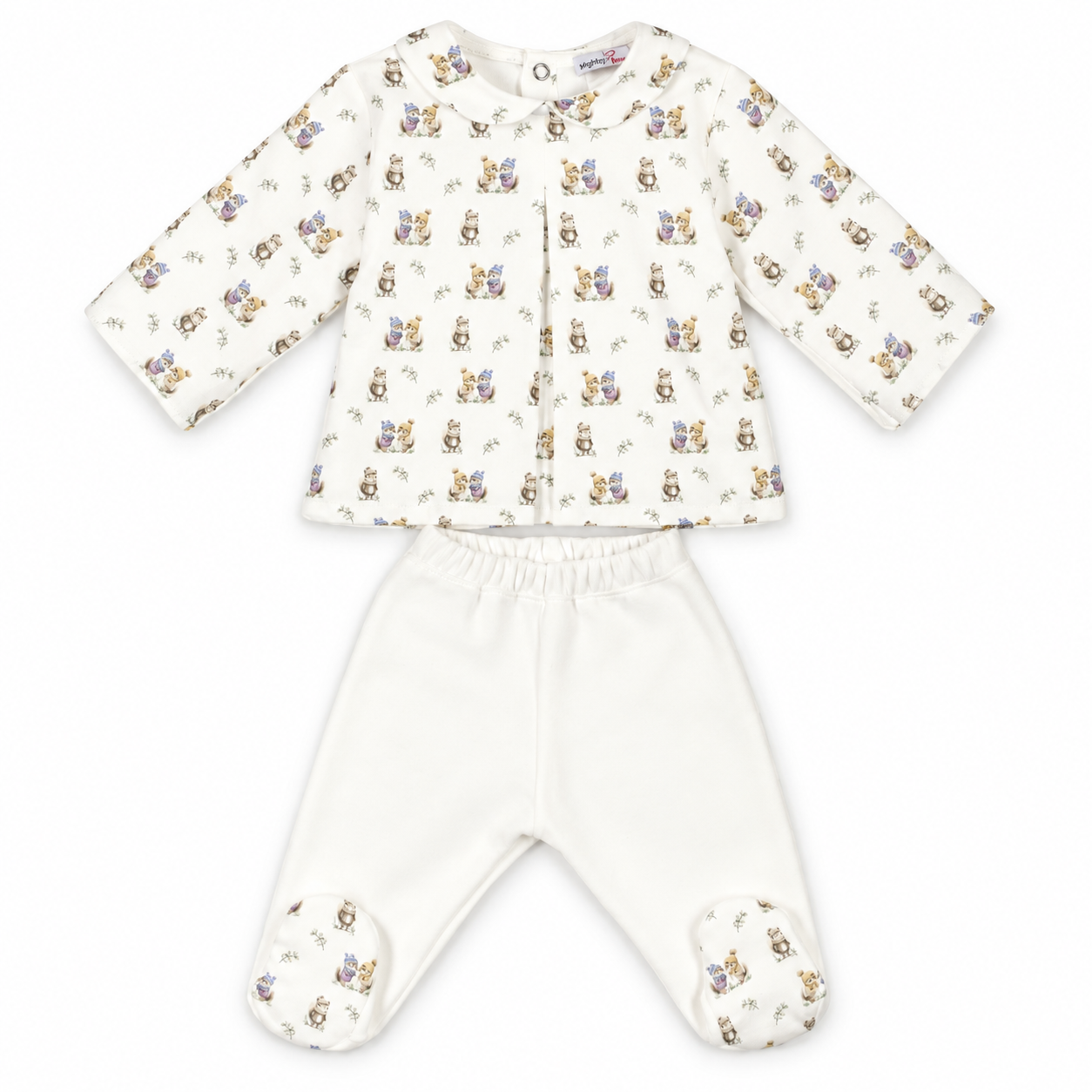 Conjunto Laminado camisola e calça na cor pérola da Mighty Love - Coleção Alvin Conjunto de roupa para bebé com camisola estampada de ursos e calças brancas com pés