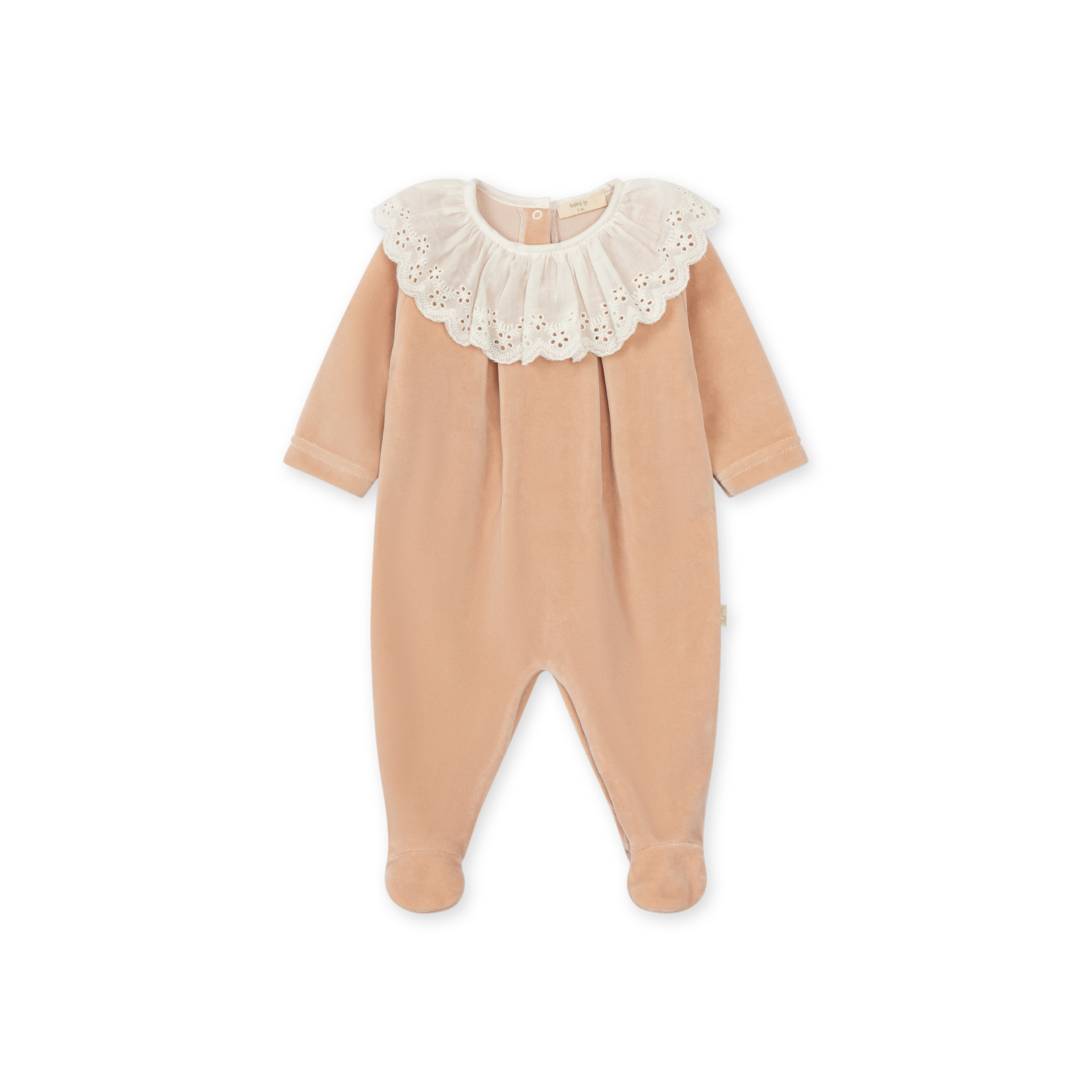Babygrow Laminado com gola em Bordado Inglês em rosa pastel da Baby Gi - Coleção Baby Gi Collection Macacão castanho claro para bebé com gola branca bordada