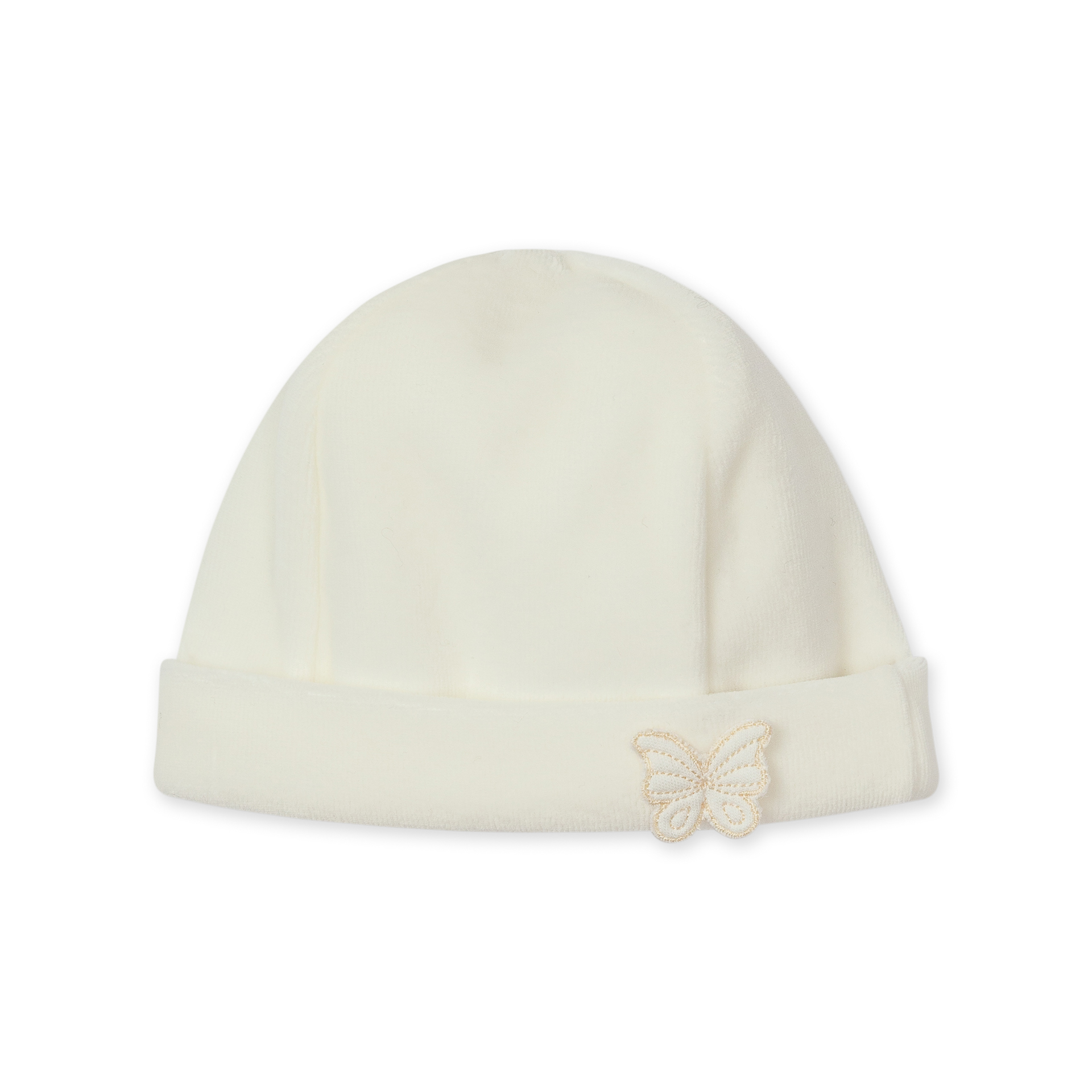 Gorro Laminado com laço pérola da Baby Gi - Coleção Butterfly Gorro branco de bebé com borboleta bordada