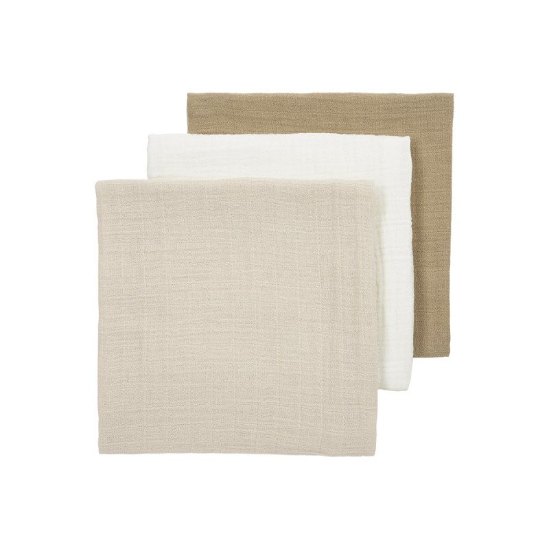 Musselina lavada mediana pack x3 70x70cm ME-UNI Off White/S.Sand/Taupe | Meyco Baby Três panos quadrados em cores neutras com textura