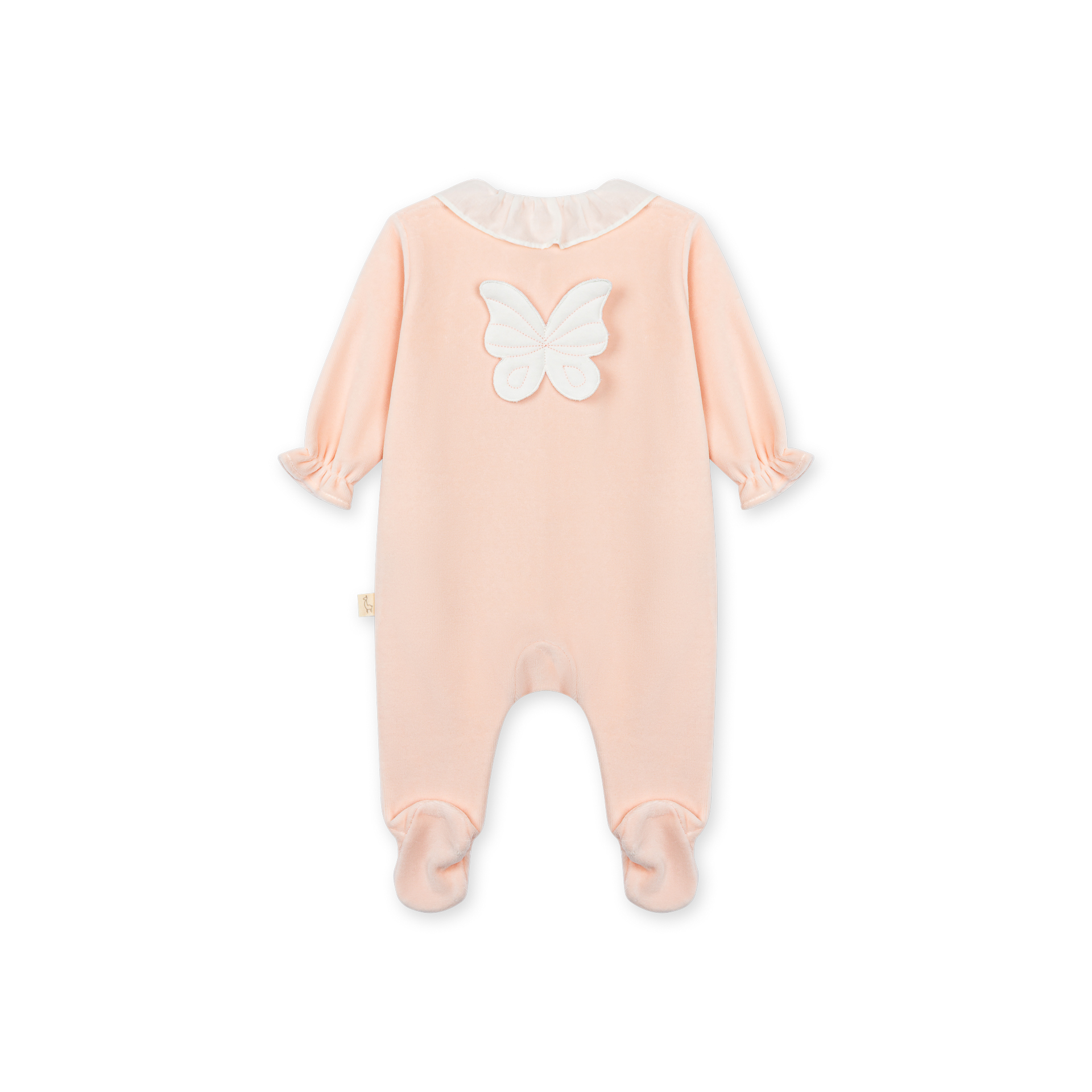 Babygrow Laminado rosa pêssego da Baby Gi - Coleção Butterfly Macacão cor de rosa claro para bebé com aplicação de borboleta branca nas costas