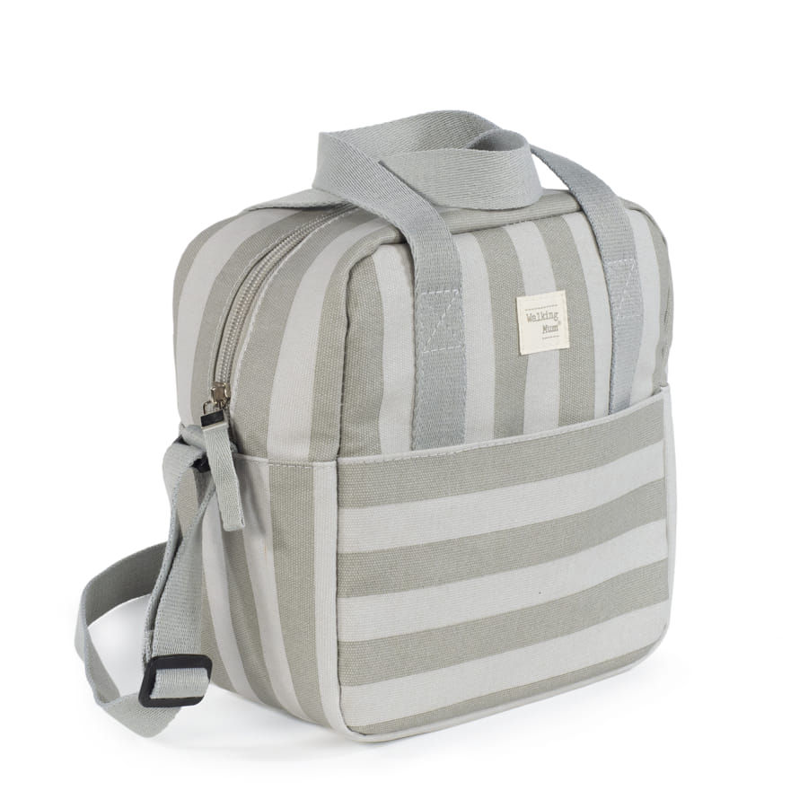 Lancheira térmica Sintra - Verde Walking Mum Mochila pequena cinza e branca às riscas com bolso frontal e alças ajustáveis