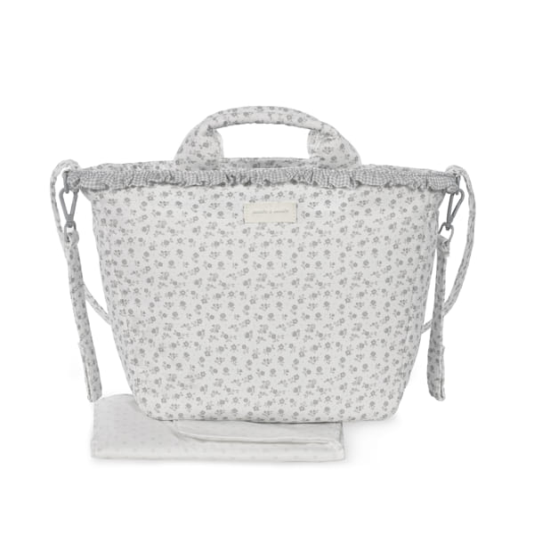 Mala de Maternidade Little Bloom Flowers - Cinza Pasito a Pasito Mala de tecido com padrão de flores cinzentas sobre fundo branco
