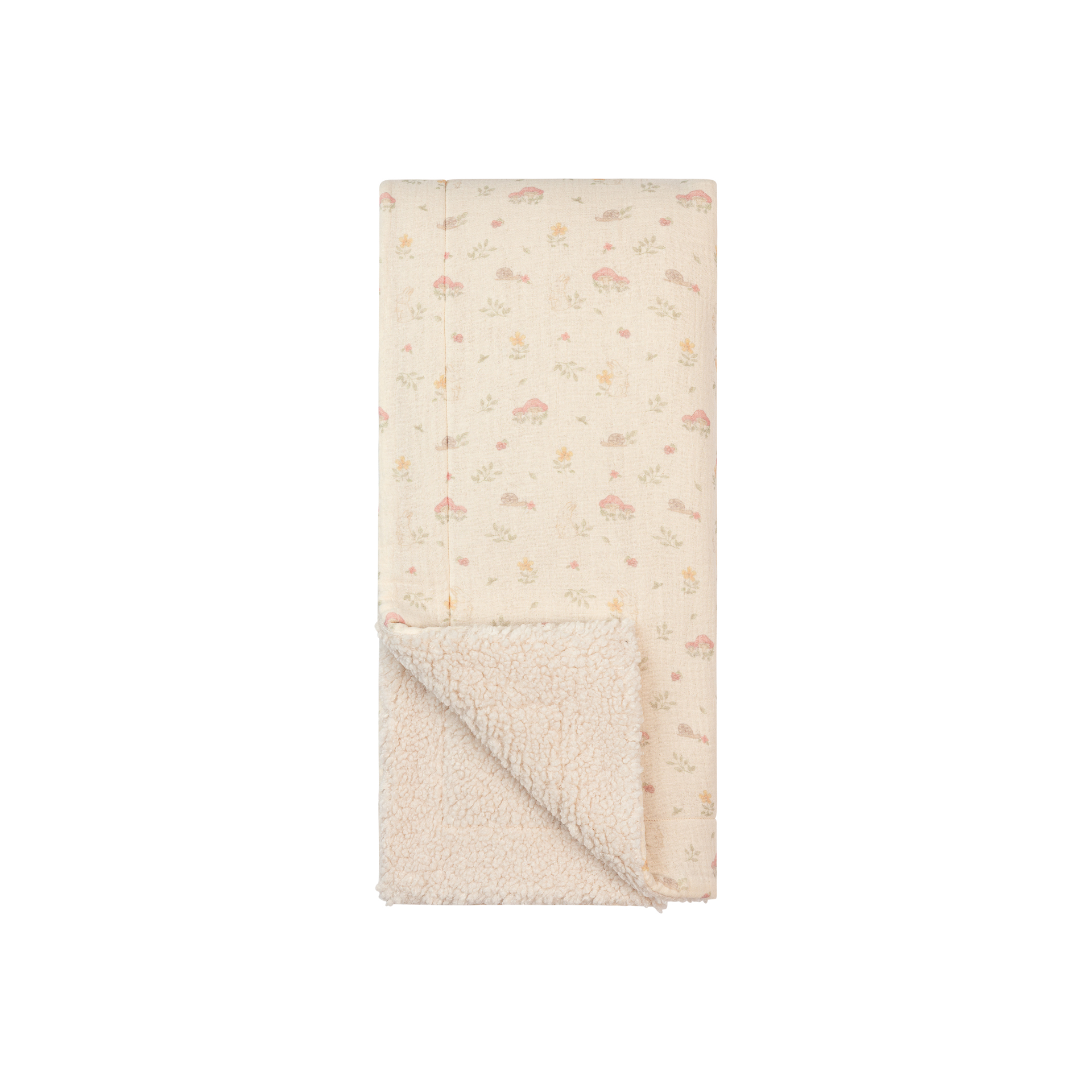 Manta algodão com pelo carneirinho taupe da Baby Gi - Coleção Toadstool Manta branca felpuda com padrão de cogumelos e flores em fundo creme