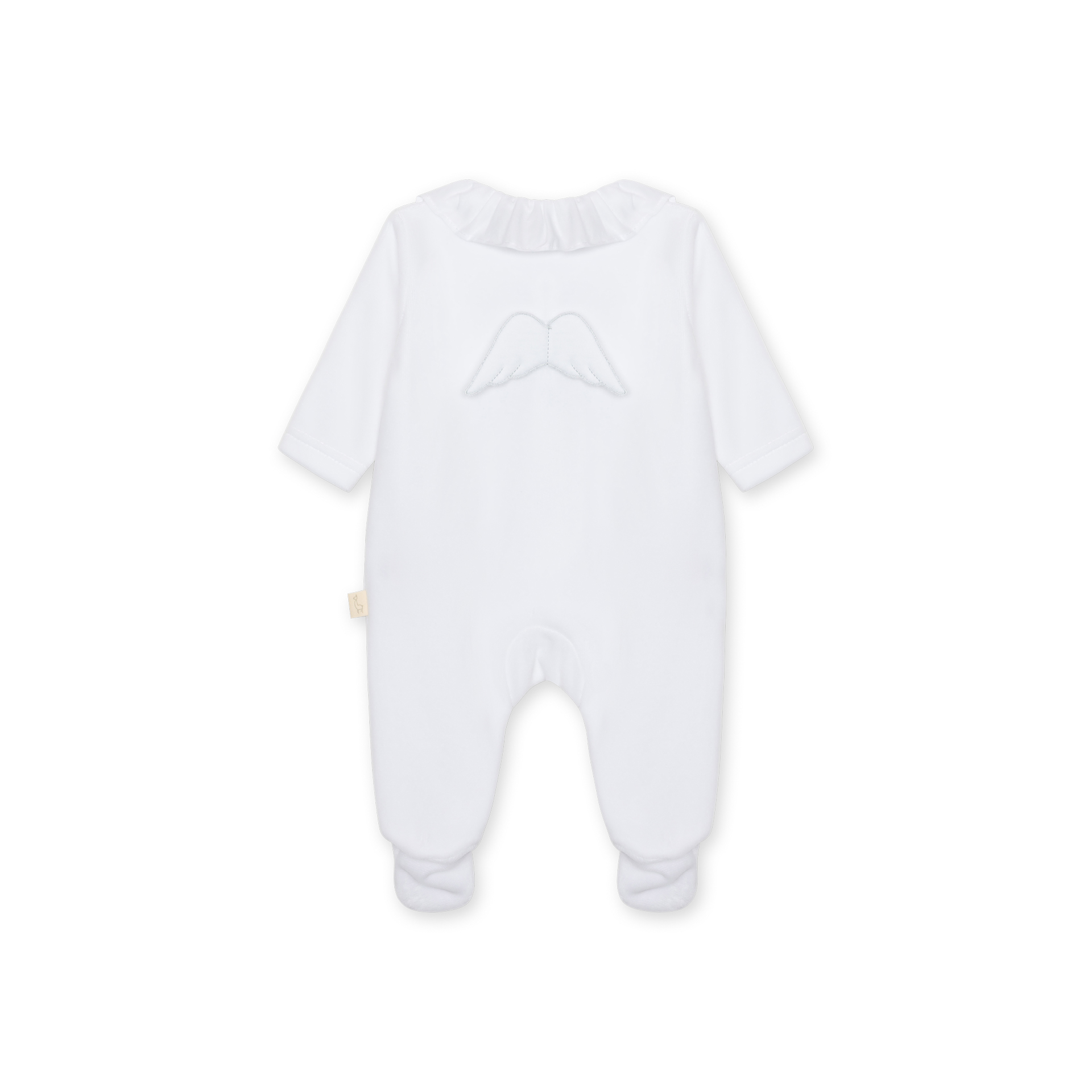 Babygrow Laminado com asas e gola folho pérola da Baby Gi – Coleção Angel Macacão branco de bebé com gola franzida e asas bordadas