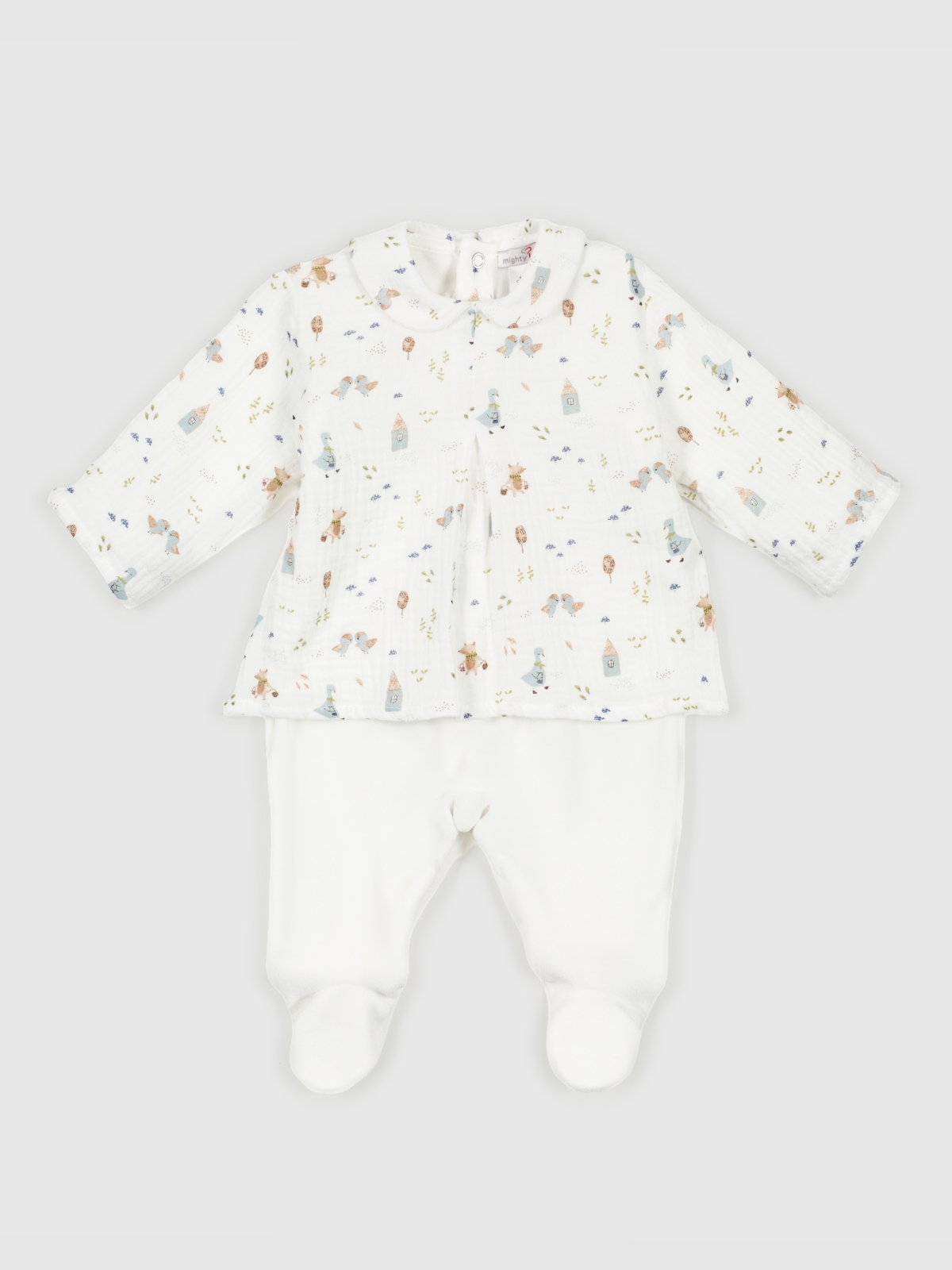 Babygrow Túnica laminado pérola da Mighty Love - Coleção Goose Macacão de bebé branco com parte superior estampada com desenhos pequenos de casas e animais