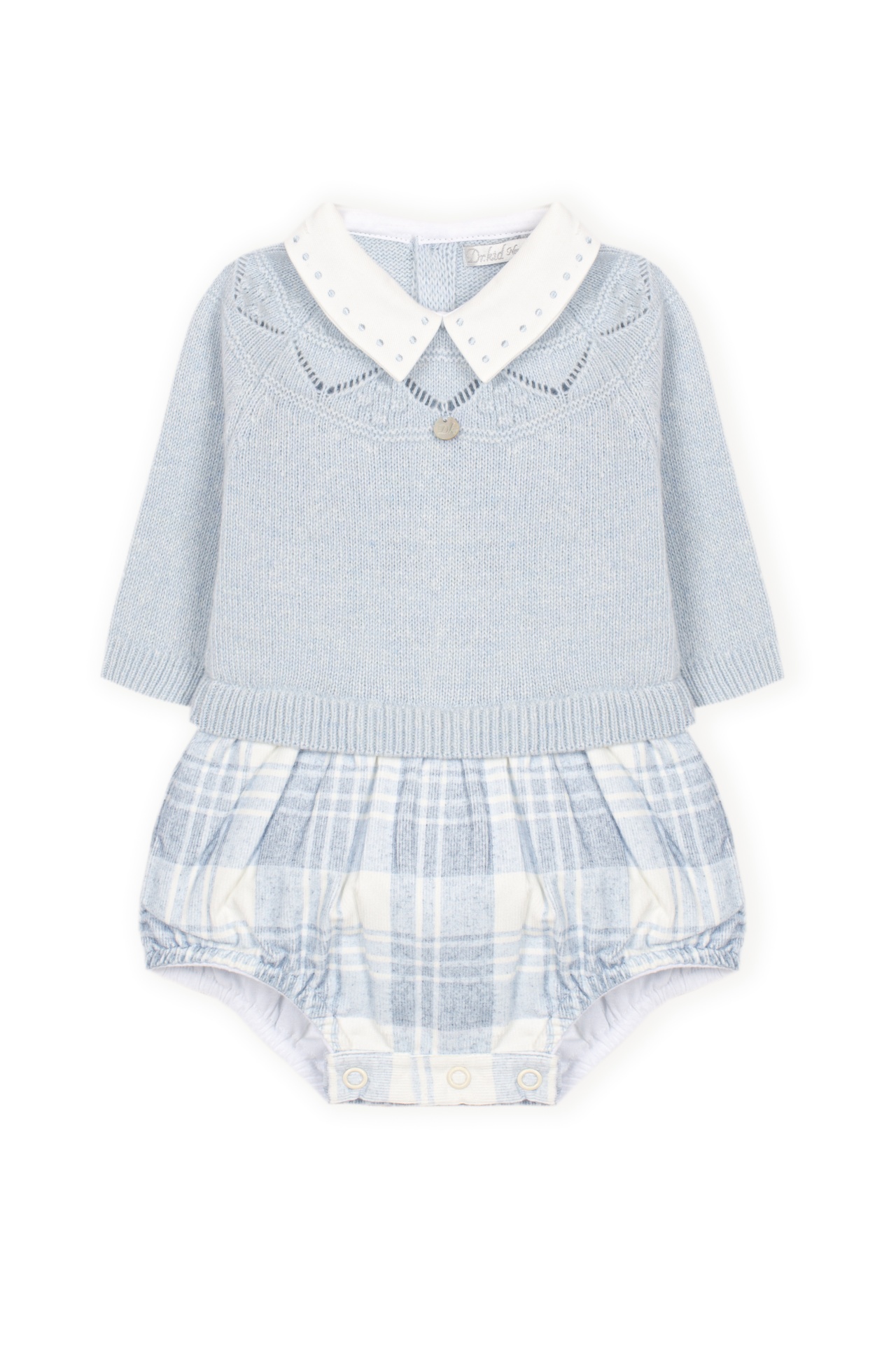 Fofo de Malha e Xadrez Azul-Bebé Dr. Kid | Classic Boy Body bebé malha azul clara com gola branca e tecido xadrez azul e branco