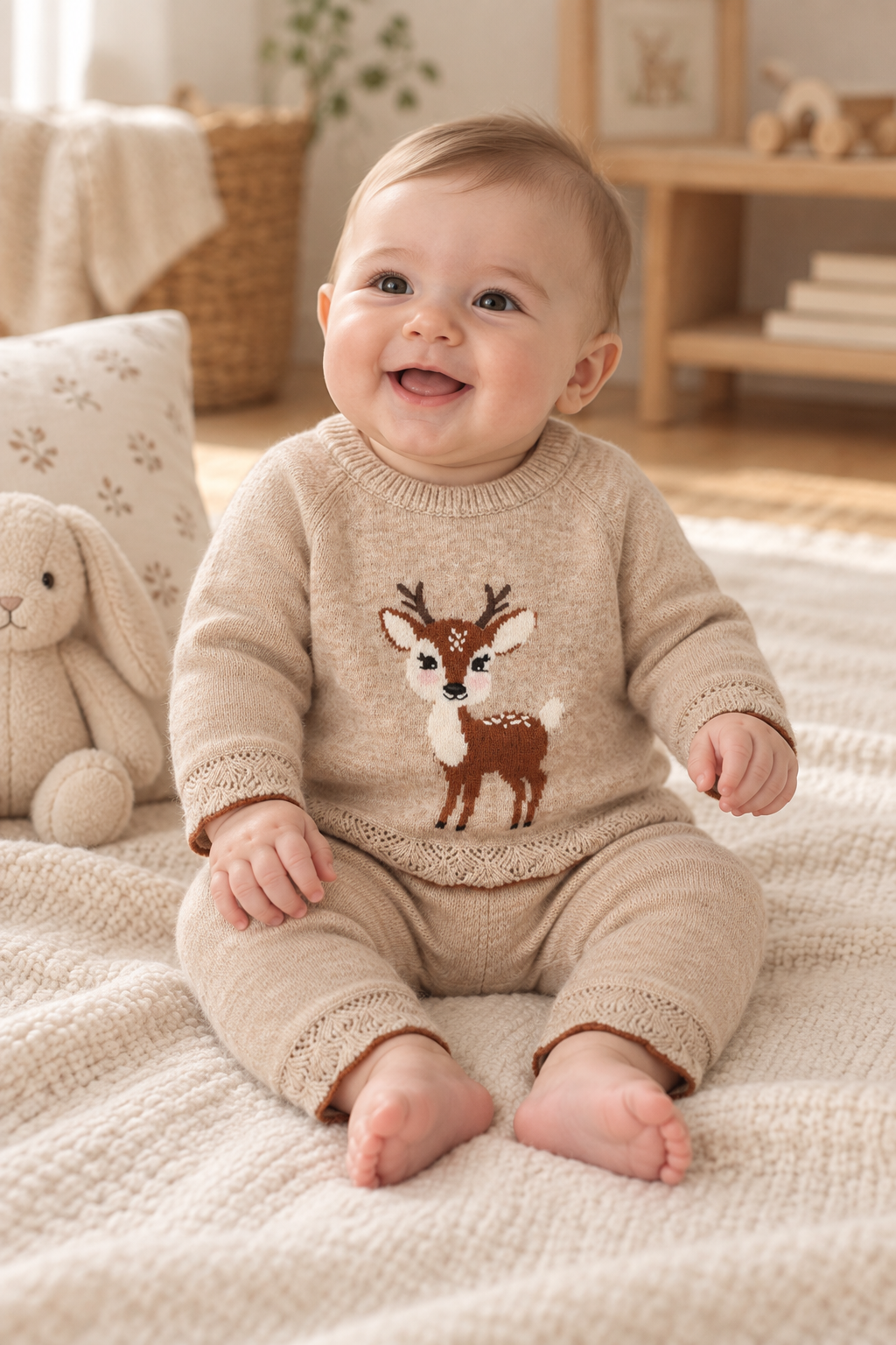 Conjunto de Malha com Caxemira Veado Bege Dr. Kid | Woodland Bebé sorridente com roupa bege e padrão de veado sentado sobre manta creme