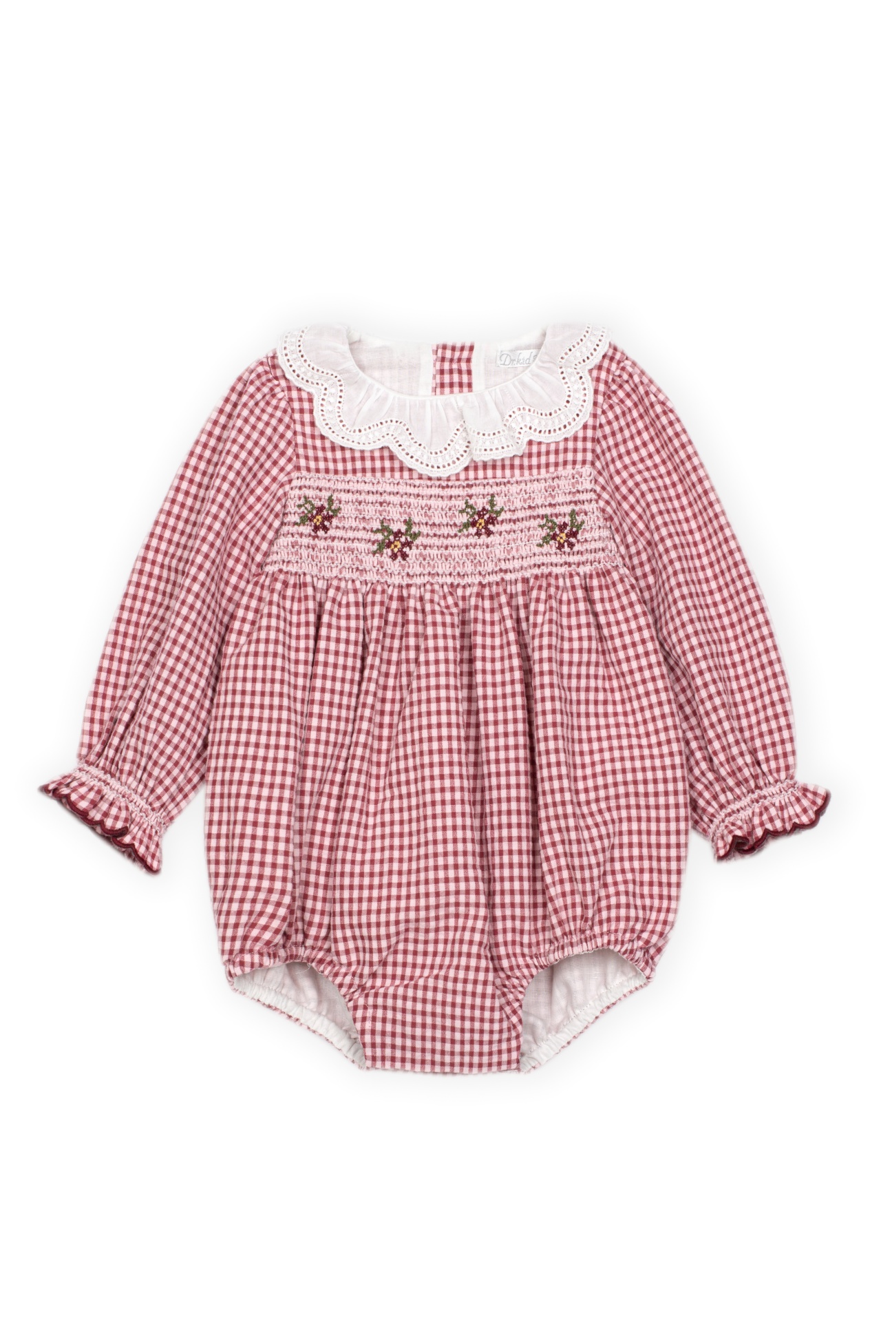 Fofo Vichy Bordeaux Dr. Kid | Grandma's Treat Macacão de bebé vermelho e branco com padrão vichy e bordados florais