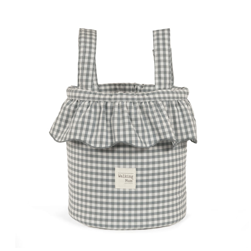 Mala Bucket Praliné Vichy Matcha - Verde da Walking Mum Cesto de tecido xadrez cinzento com etiqueta Walking Mum