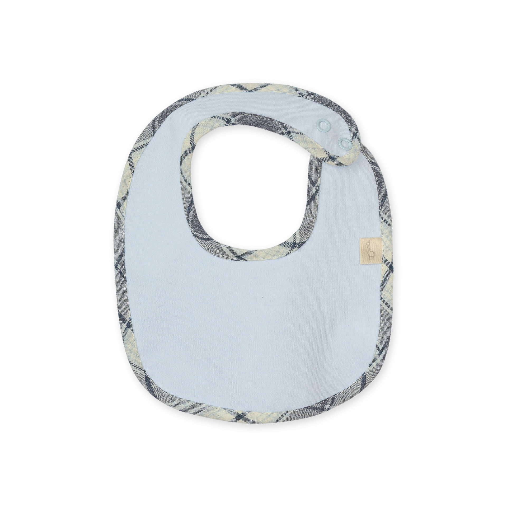 Babete de algodão padrão escocês azul da Baby Gi - Coleção Forest Folk Babete azul claro com contorno xadrez em azul e bege