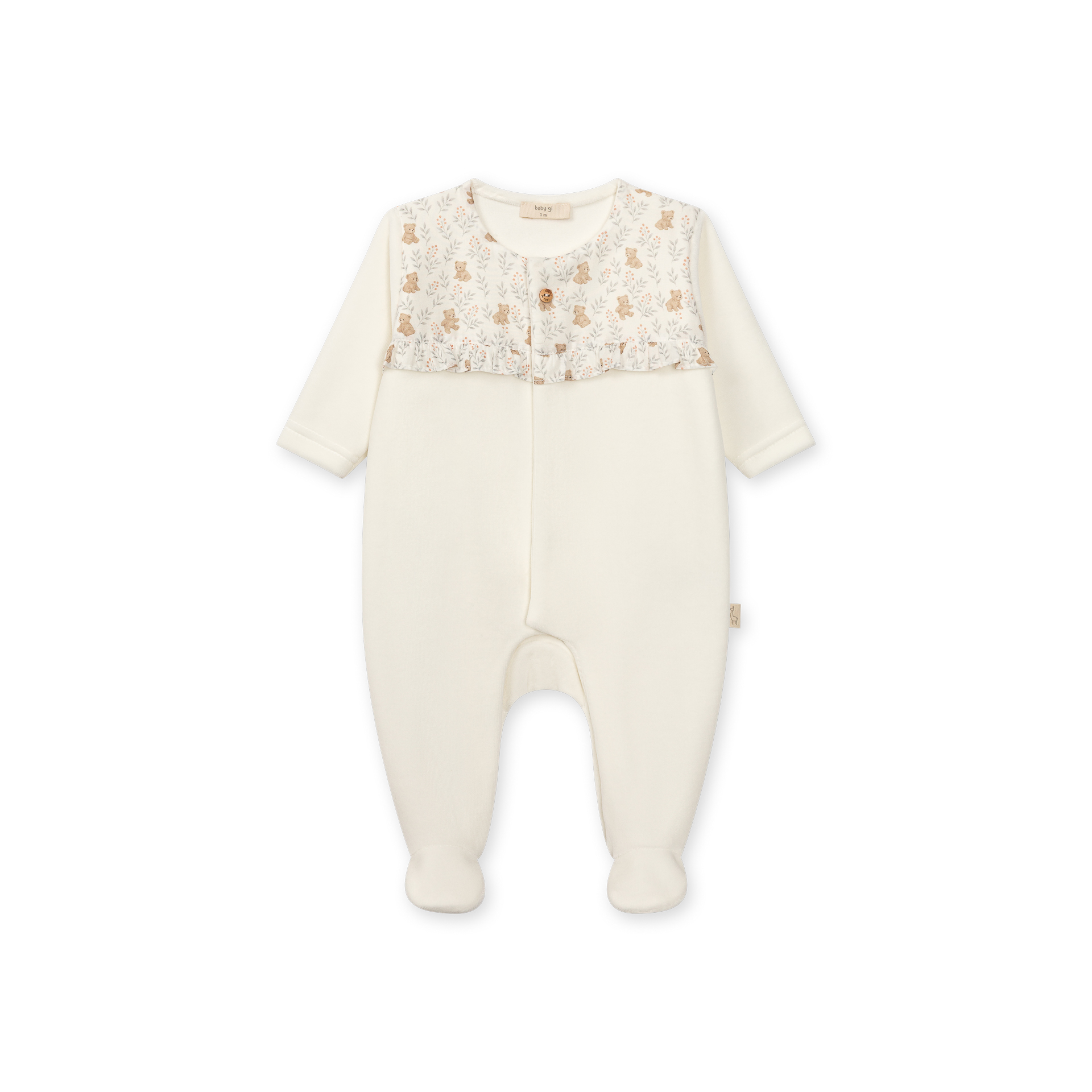 Babygrow Laminado de folho franzido peito pérola da Baby Gi - Coleção Theo Macacão de bebé creme com padrão ursinhos e folhas