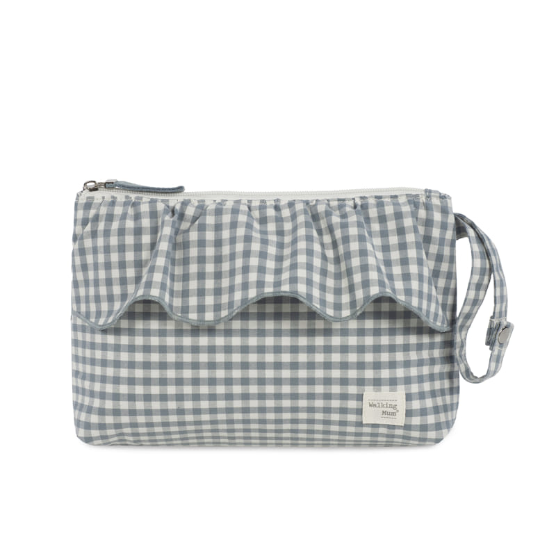Necessaire Praliné Vichy Matcha Walking Mum Bolsa xadrez cinza e branco com babados e alça lateral