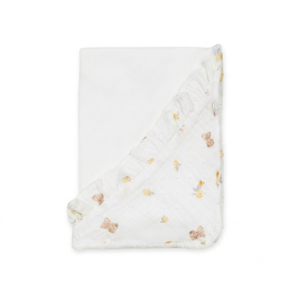 Fralda de Algodão com folho pérola Mighty Love - Coleção Soneca Manta branca para bebé com interior estampado de ursinhos e flores
