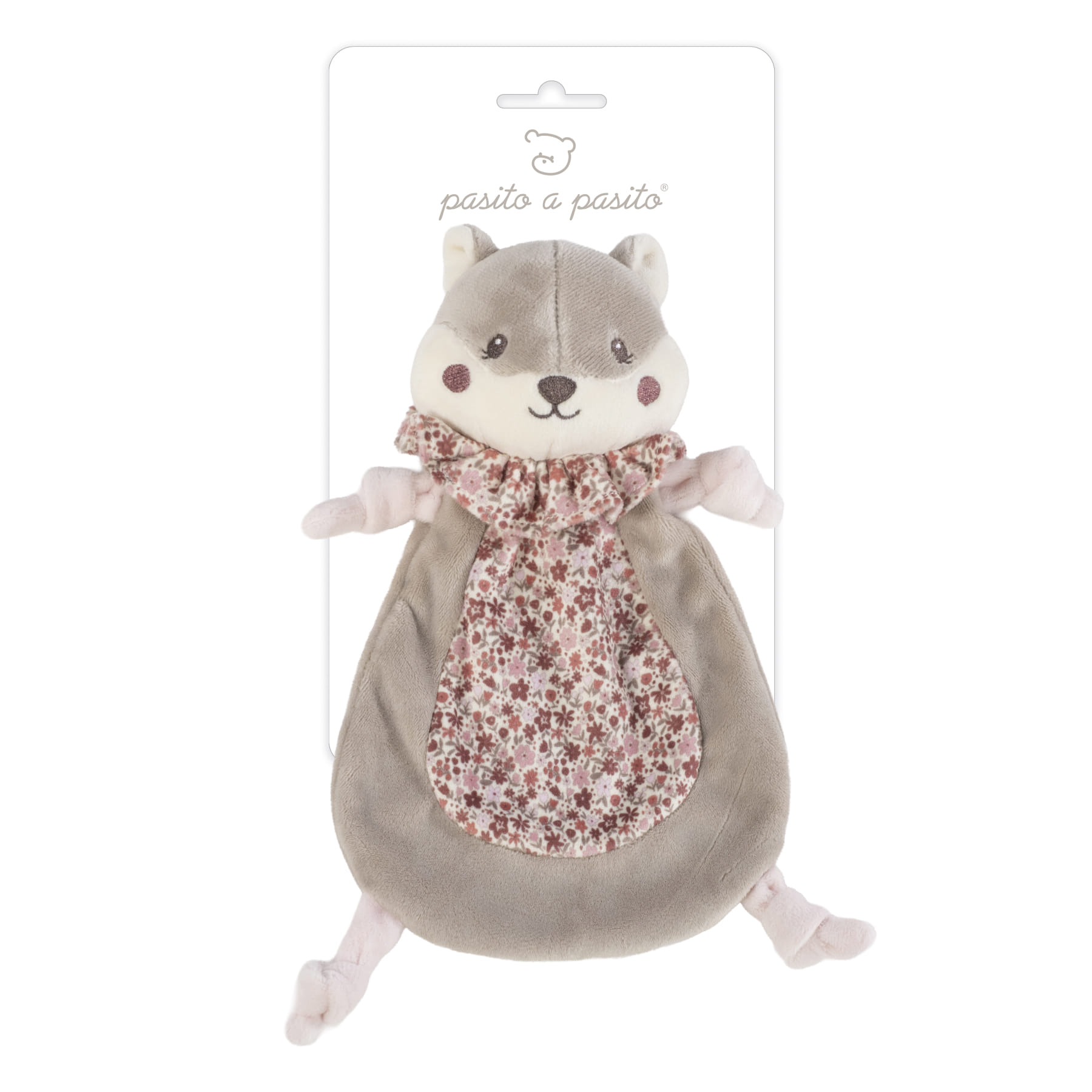 Doudou Esquilo Cherry Flowers da Pasito a Pasito Pelúcia de animal cinza e bege com vestido floral rosa na embalagem pasito a pasito.