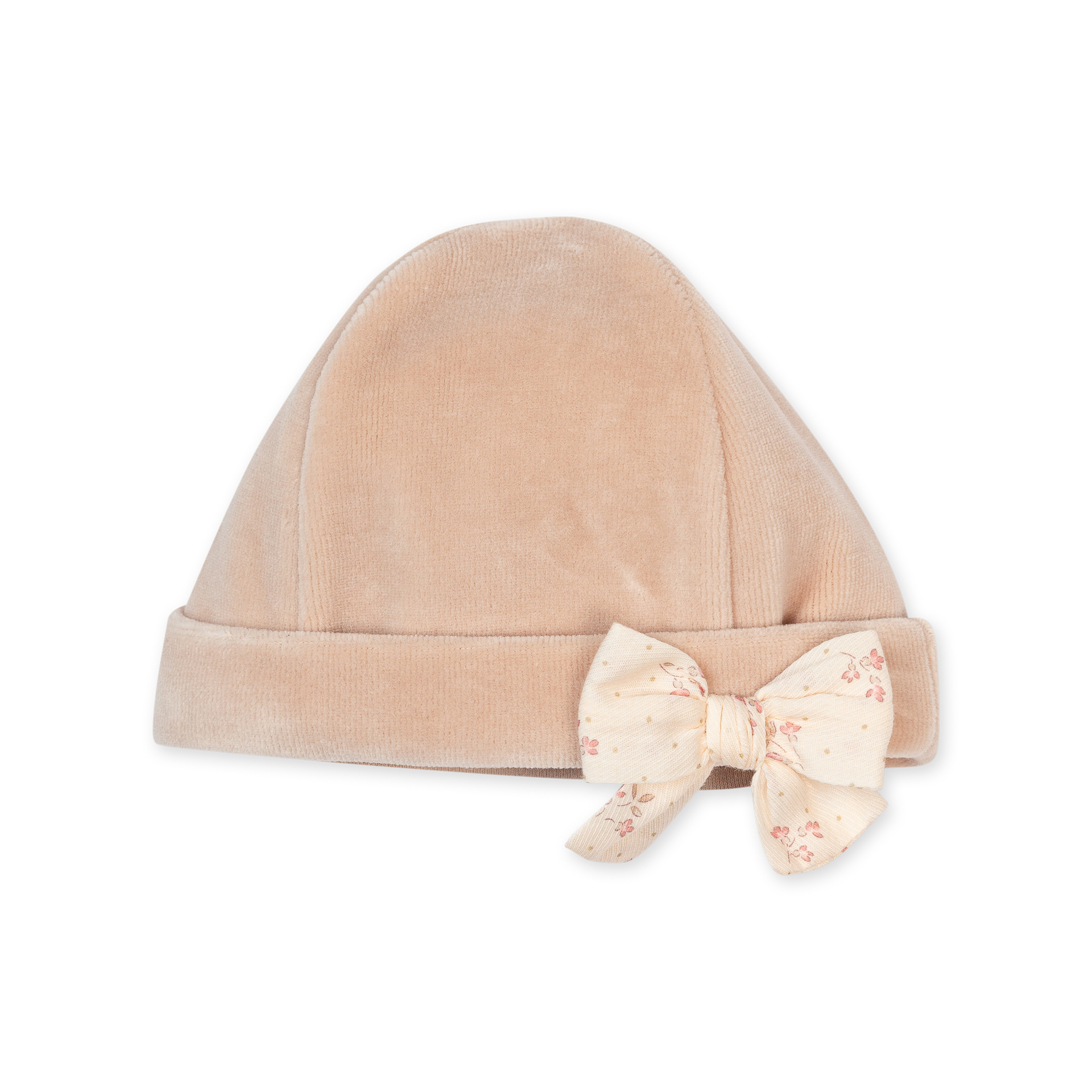Gorro Laminado com laço rosa pastel da Baby Gi - Coleção Winter Garden Gorro bege com laço estampado de flores cor de rosa