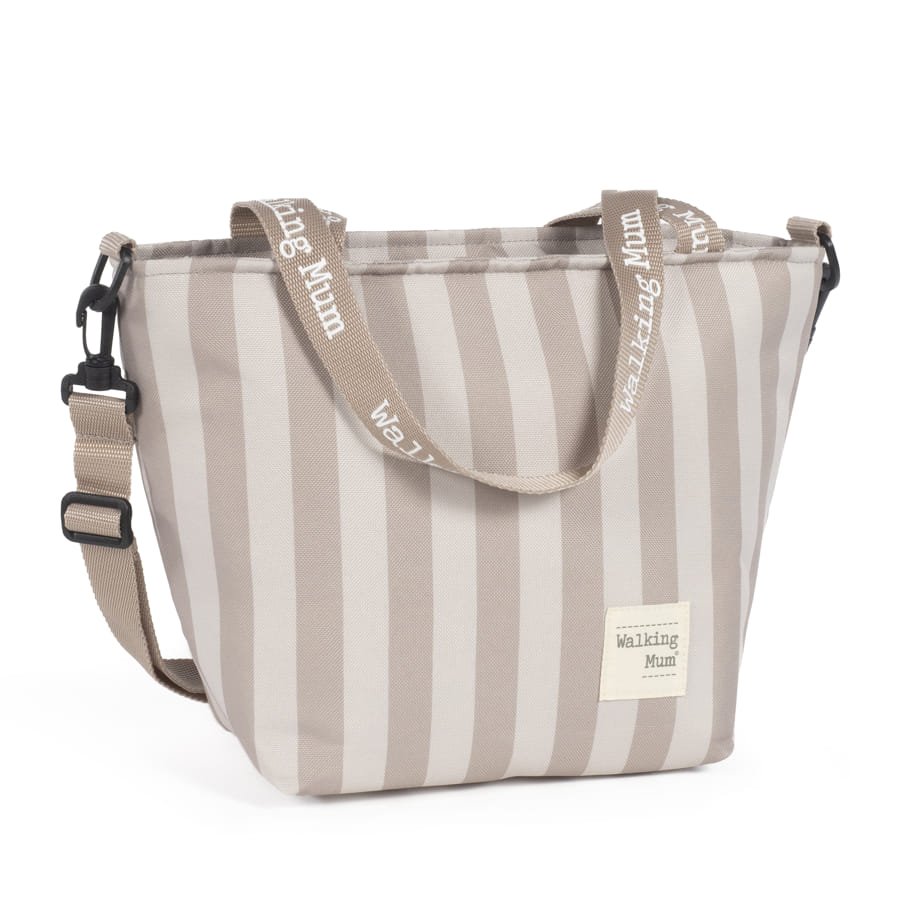 Bolsa térmica Sintra - Bege Walking Mum Mala tote riscas bege e branco com alças com inscrições Walking Mum