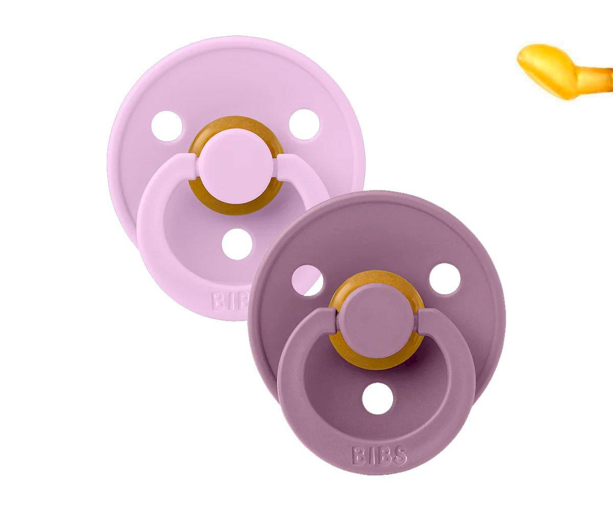 Chupeta Bibs Anatómica Violet Sky/Mauve Duas chupetas BIBS rosa claro e lilás com anéis amarelos