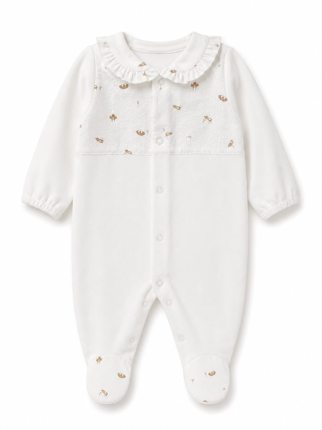 Babygrow Laminado com gola folho pérola da Mighty Love - Coleção Cacau Pijama branco para bebé com estampado bege pequeno e botões de pressão