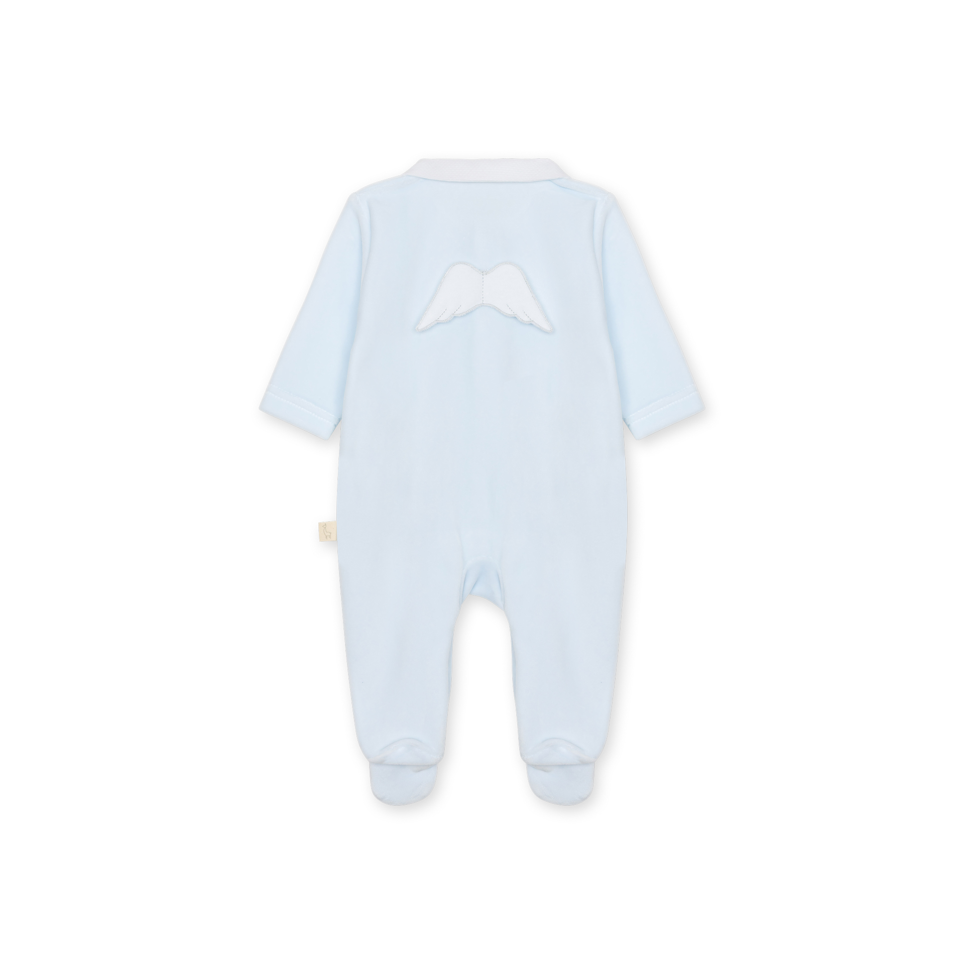 Babygrow Laminado com asas azul bebé da Baby Gi – Coleção Angel Macacão de bebé azul claro com asas bordadas nas costas