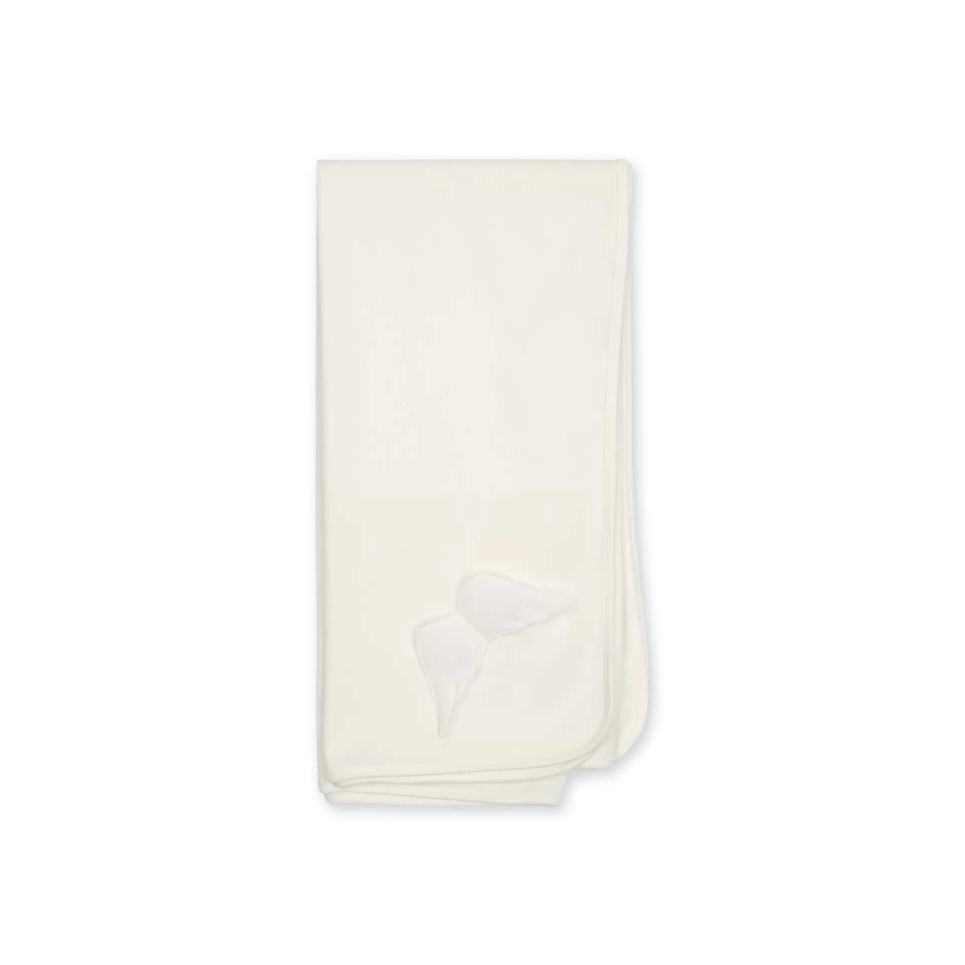 Manta Laminada pérola da Baby Gi – Coleção Angel Cobertor branco dobrado com padrão de asas