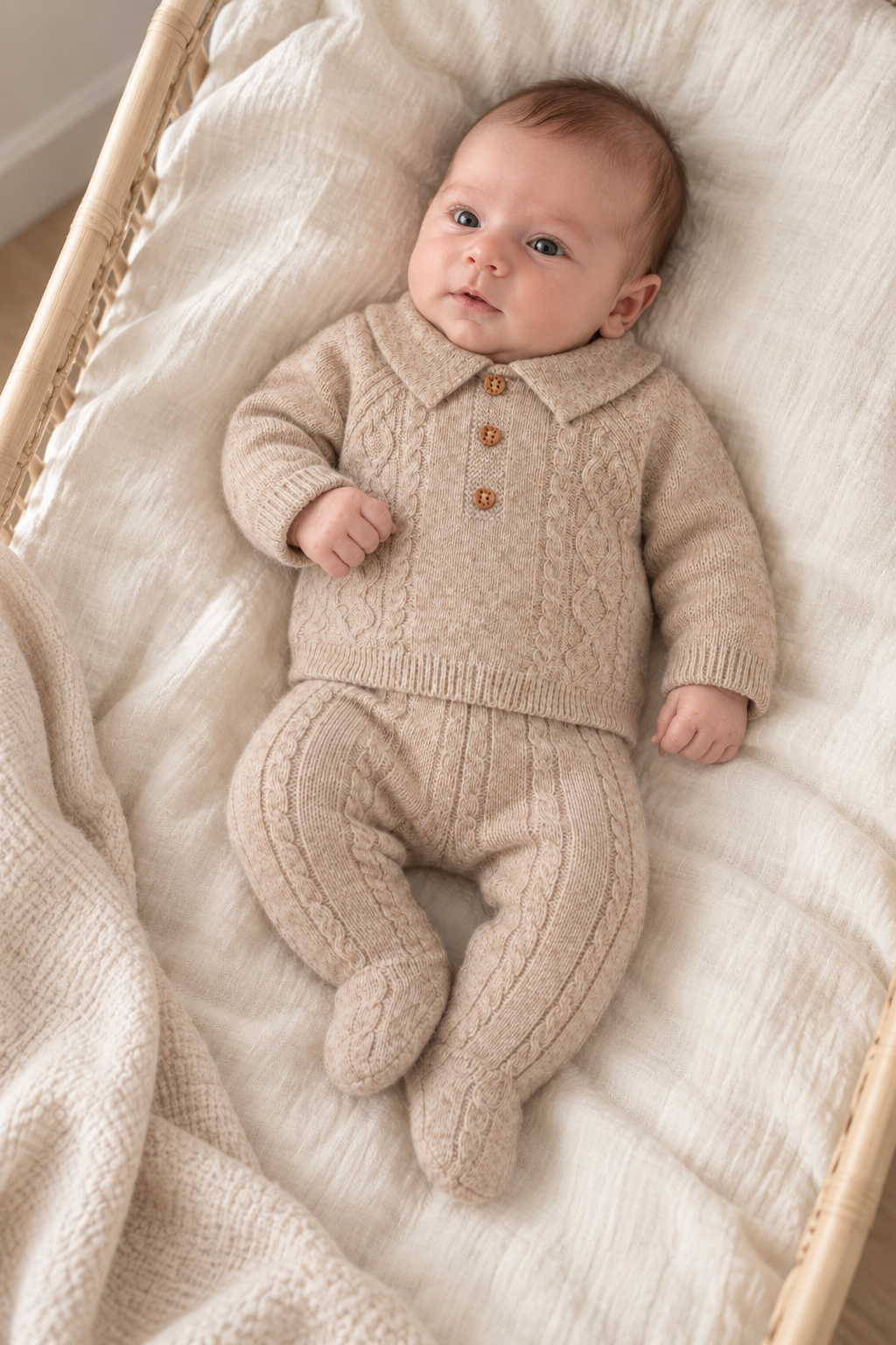 Conjunto de Malha Mouliné com Lã Bege Dr. Kid | Coleção Teddy Bebé deitado com roupa de malha bege em berço de verga clara