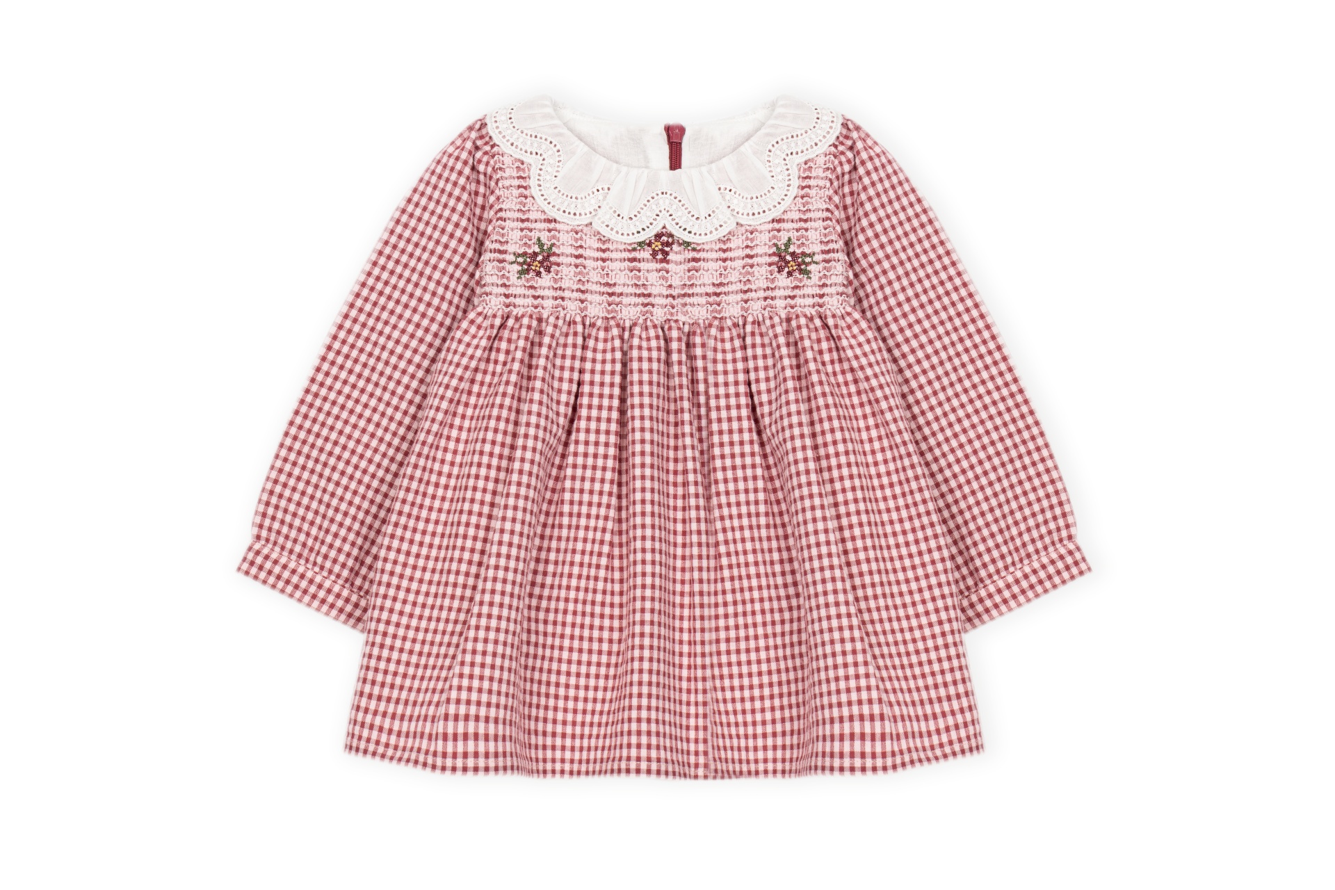 Vestido Xadrez Bordeaux Dr. Kid | Grandma's Treat Vestido infantil xadrez vermelho e branco com bordado e gola branca