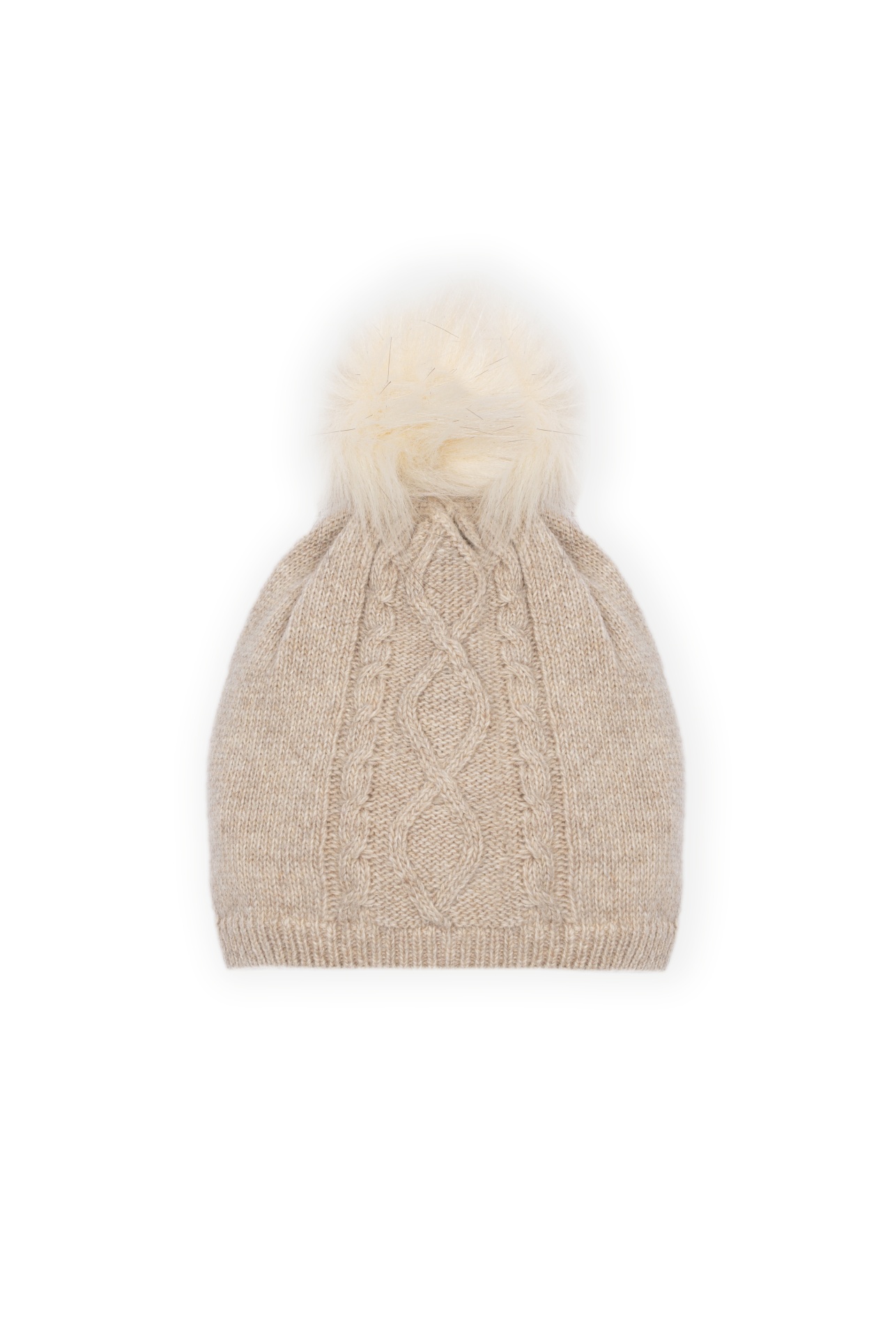 Gorro de Malha Mouliné com Lã Bege Dr. Kid | Coleção Teddy Gorro bege de malha com padrão de trança e pompom creme.