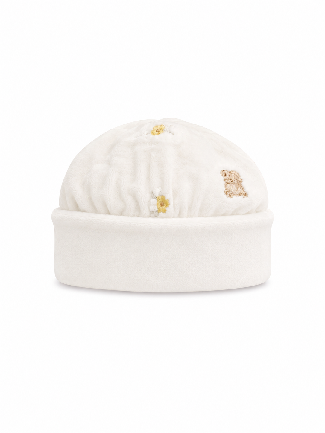 Gorro Laminado pérola da Mighty Love - Coleção Soneca Gorro de bebé branco com bordados de flores e coelho
