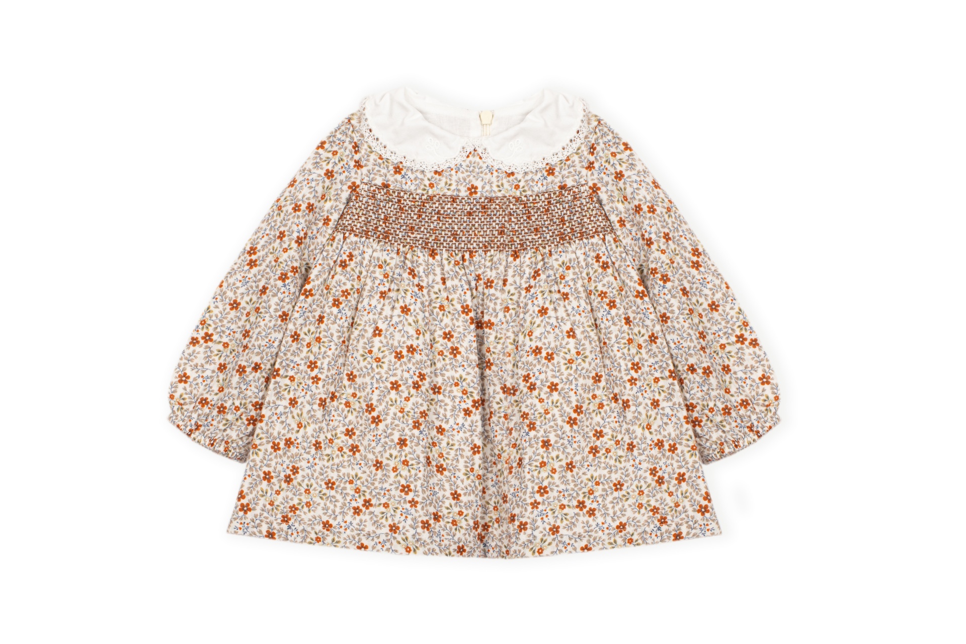 Vestido Floral com Ponto Favo de Mel Bege Dr. Kid | Woodland Vestido infantil floral com colarinho branco bordado