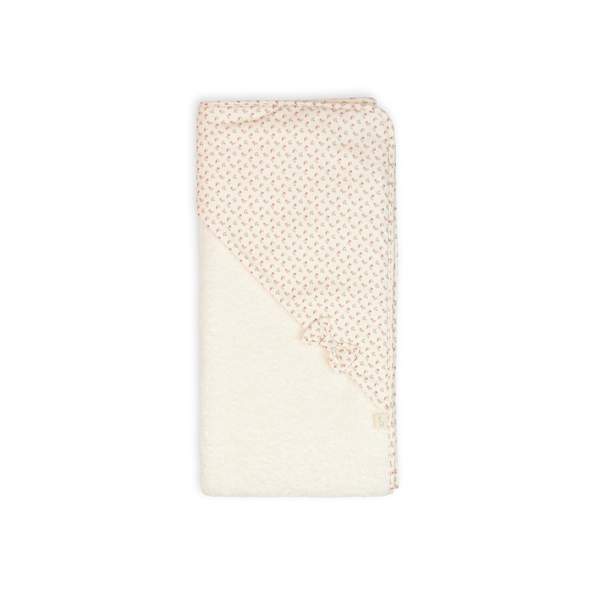 Toalha de Banho com capuz pérola Baby Gi – Coleção Heather Toalha creme para bebé com capuz estampado de flores miúdas e laço