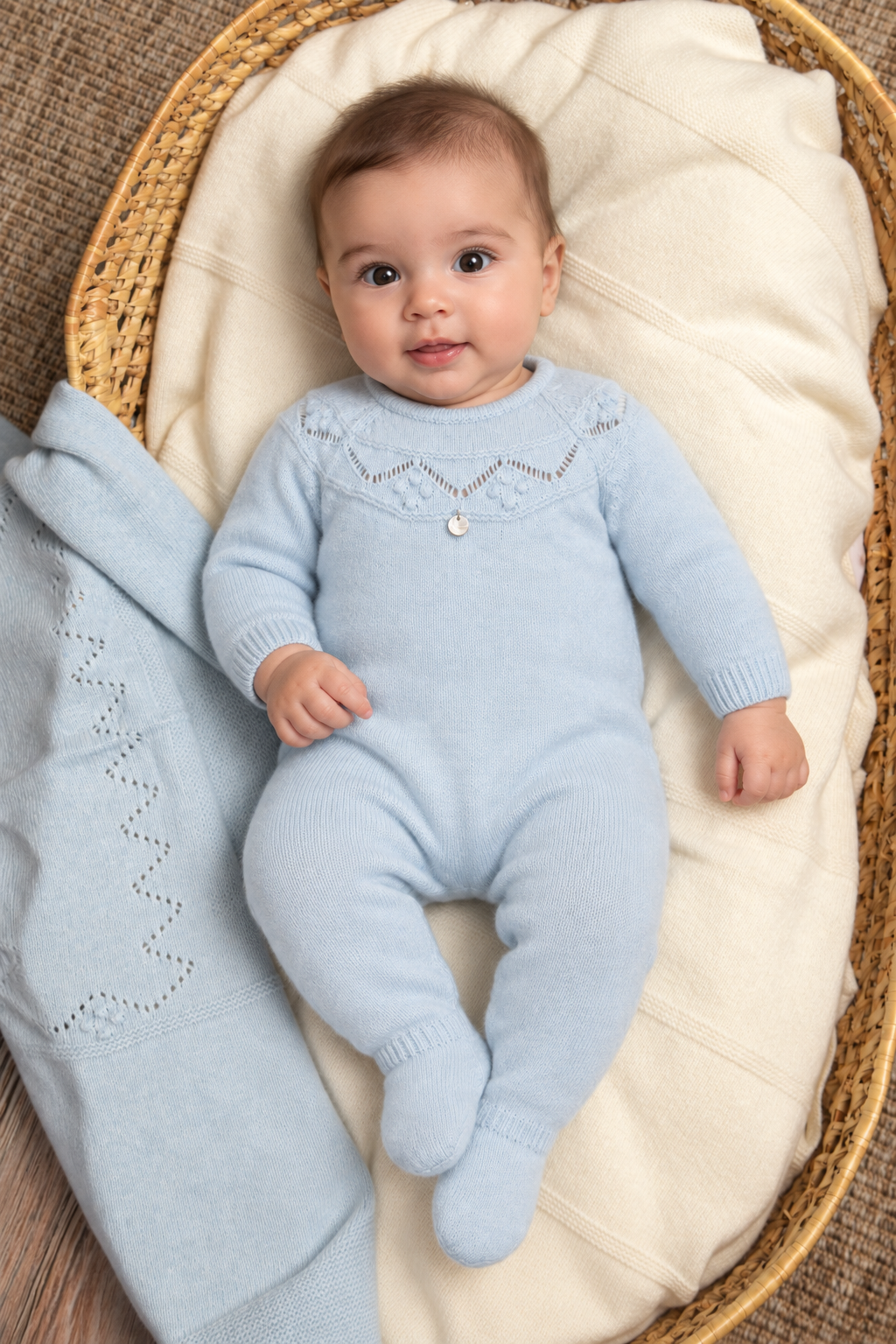 Babygrow de Malha com Caxemira Azul-Bebé Dr. Kid | Classic Boy Bebé com fato de malha azul claro deitado em almofada branca dentro de cesto de vime