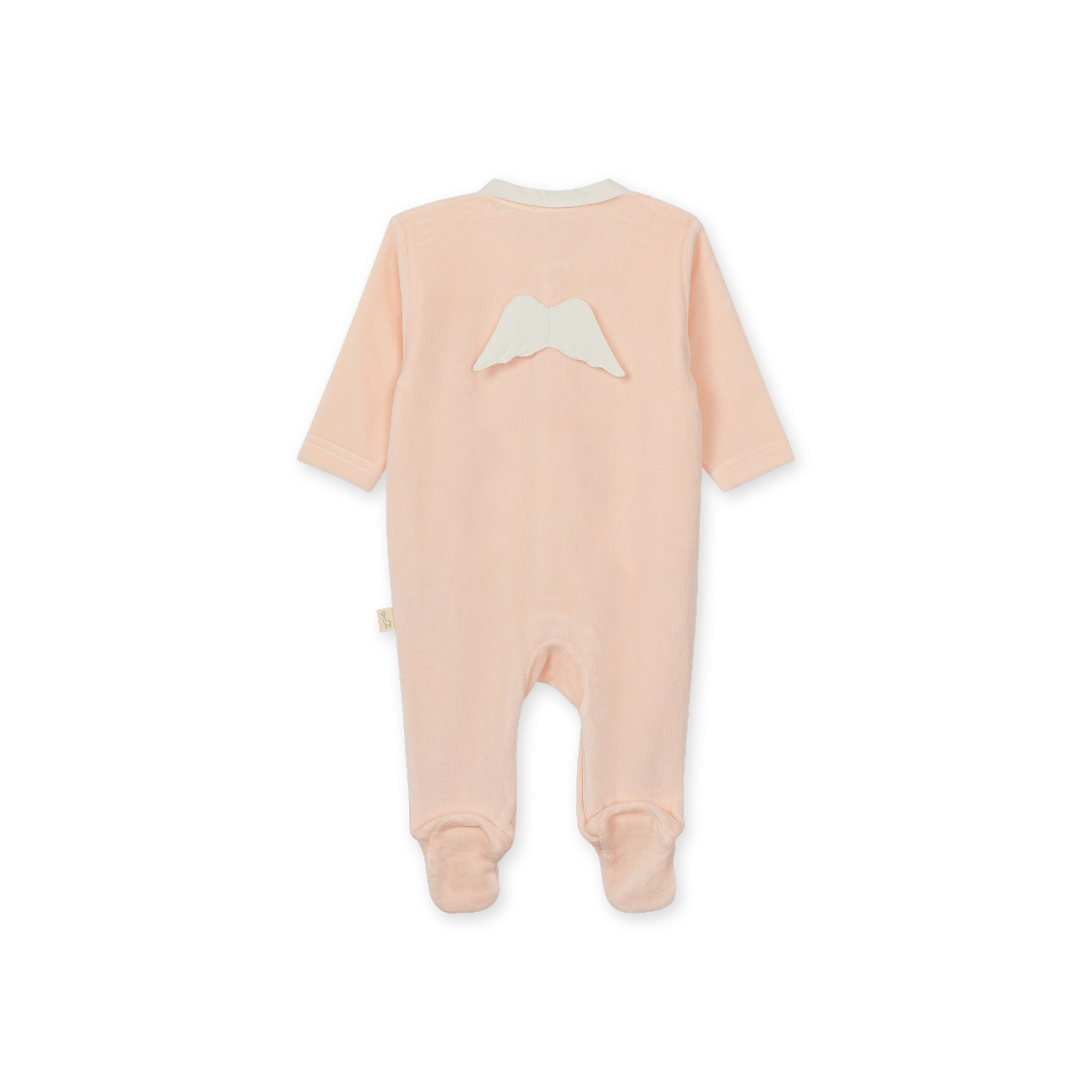 Babygrow Laminado com asas rosa pêssego da Baby Gi – Coleção Angel Macacão de bebé cor de pêssego com asas brancas nas costas