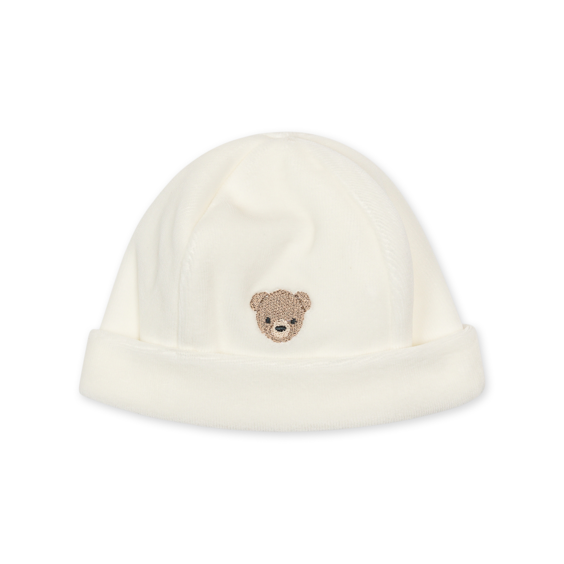 Gorro Laminado pérola da Baby Gi - Coleção Bear Gorro branco de bebé com bordado de ursinho castanho claro
