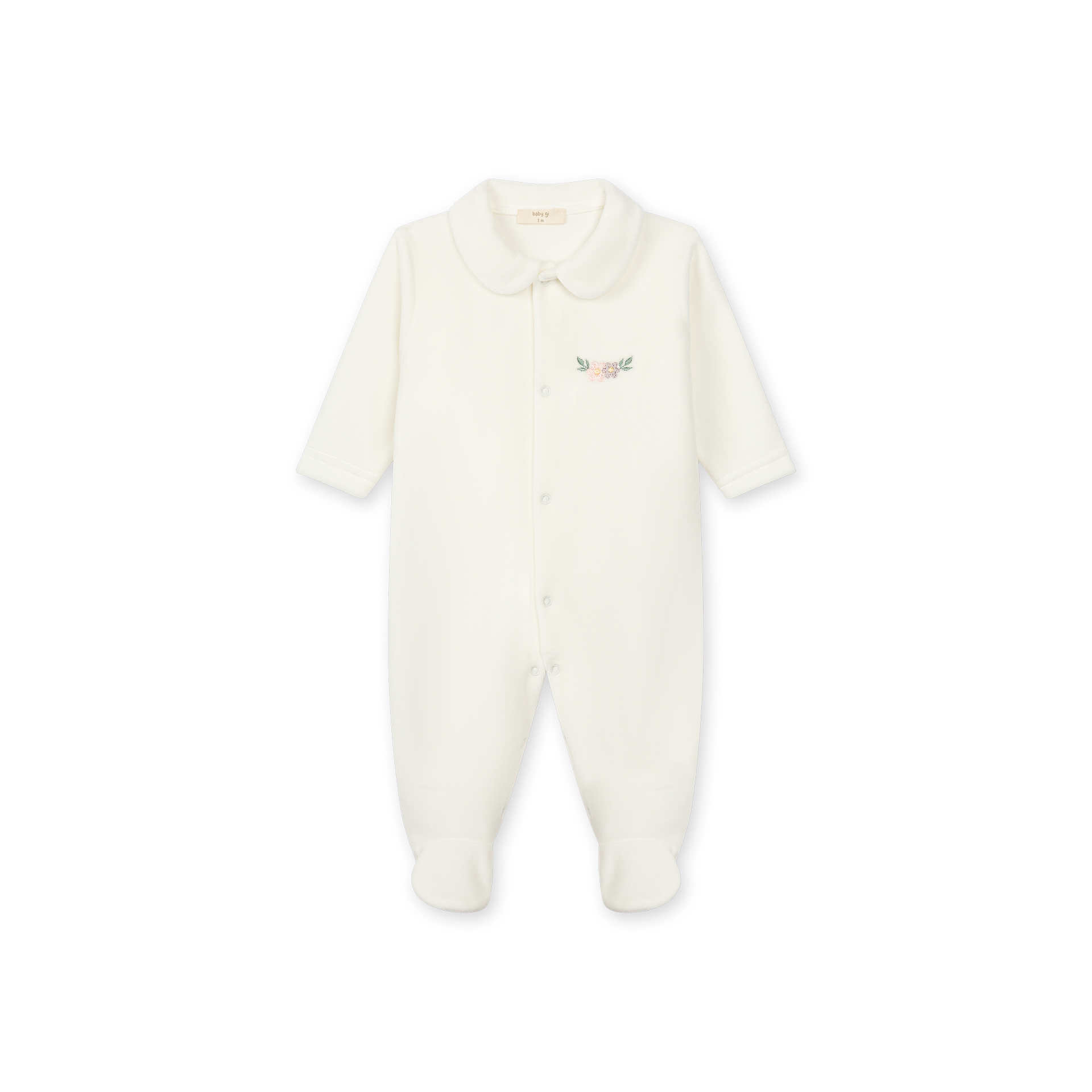 Babygrow laminado pérola Baby Gi – Coleção Camellia Macacão branco para bebé com bordado de flores no peito
