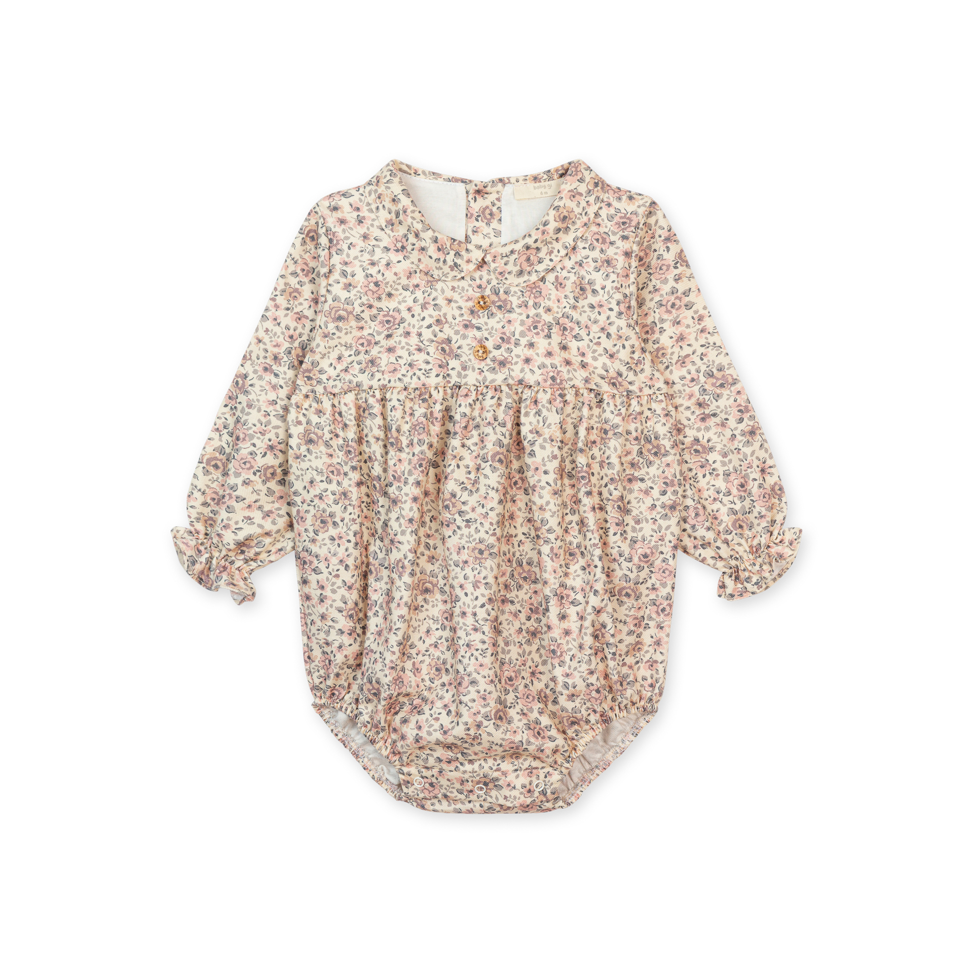 Fofo em algodão floral tons rosa pastel da Baby Gi - Coleção Fairy Body de bebé floral cor-de-rosa e bege com gola peter pan e botões