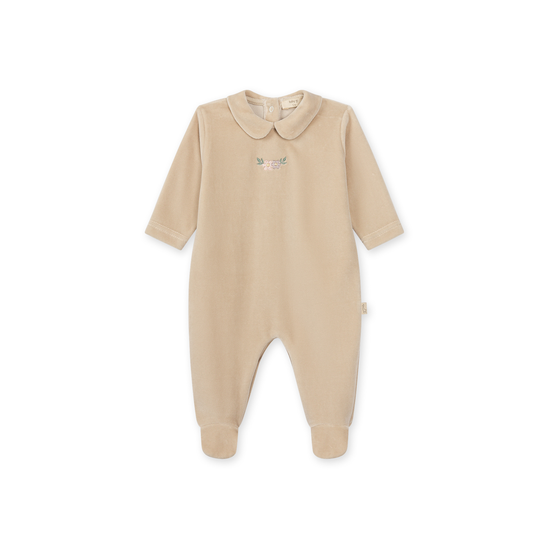 Babygrow laminado taupe Baby Gi – Coleção Camellia Macacão de bebé bege com bordado floral e gola arredondada