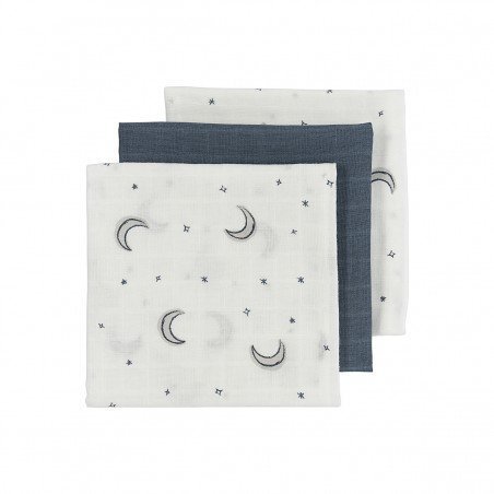 Musselina mediana pack x3 70x70cm Me-Moon Indigo | Meyco Baby Três panos de tecido branco e azul com estampados de luas e estrelas