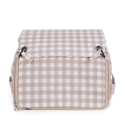 Bolsa térmica xadrez castanha e branca com fecho de botões preta